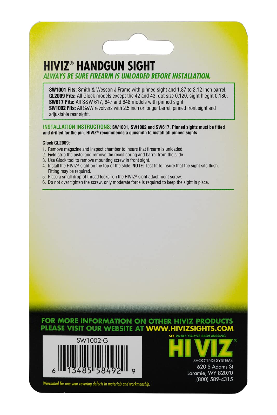 High Visibility HIVIZ NPSW1002-G Green Fiber Optic Front Sight for Pistols & Rifles - Perfect for Hunting, Target Shooting & Home Defense
