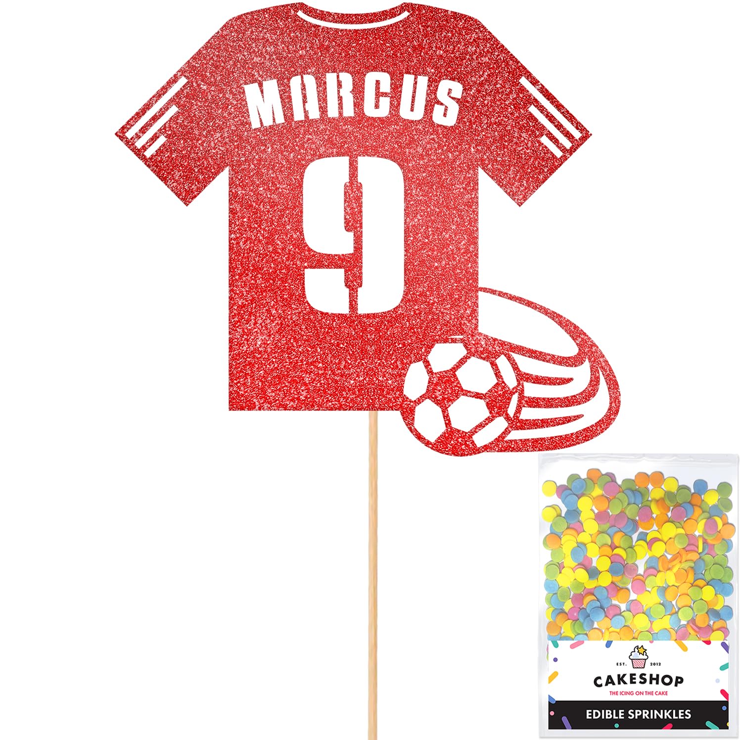 Custom Birthday Glitter Cake Topper - Personalized Name & Age Football Kit Decoration for 1st to 18th Birthday Cakes | Red | Perfect for Kids' Birthday Parties & Soccer Themed Celebrations
