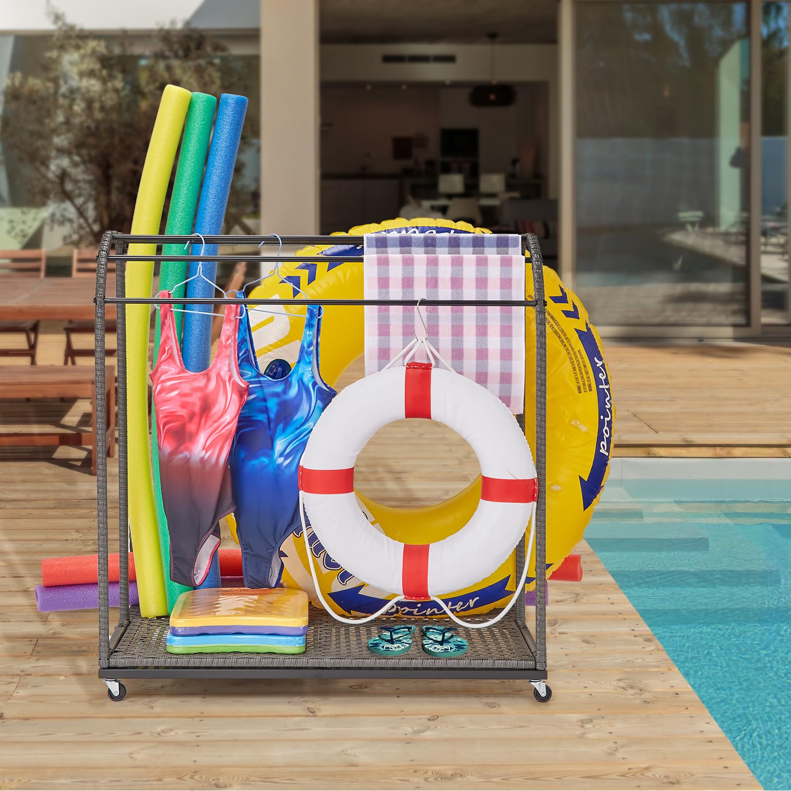 IdealHouse Freestanding Poolside Outdoor Storage Organizer with 5-Bar Towel Rack & Rattan Base - Perfect for Pool Toys, Floats, Noodles & Swimming Rings - Great for Patio, Backyard, Pool Area & Indoor Use