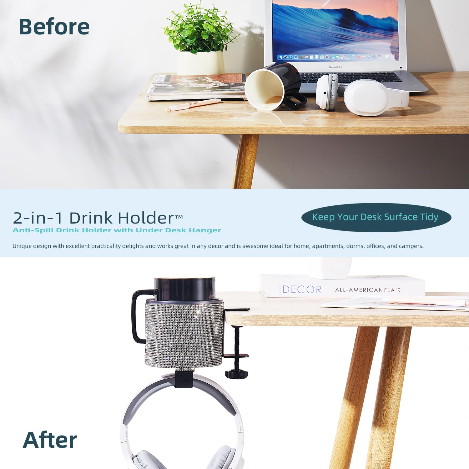 Premium 2-in-1 Desk Cup Holder with Crystal Accents - Stylish Drink Stand for Office, Home & Car Use - Spill-Proof Beverage Organizer for Coffee, Tea & Water Bottles