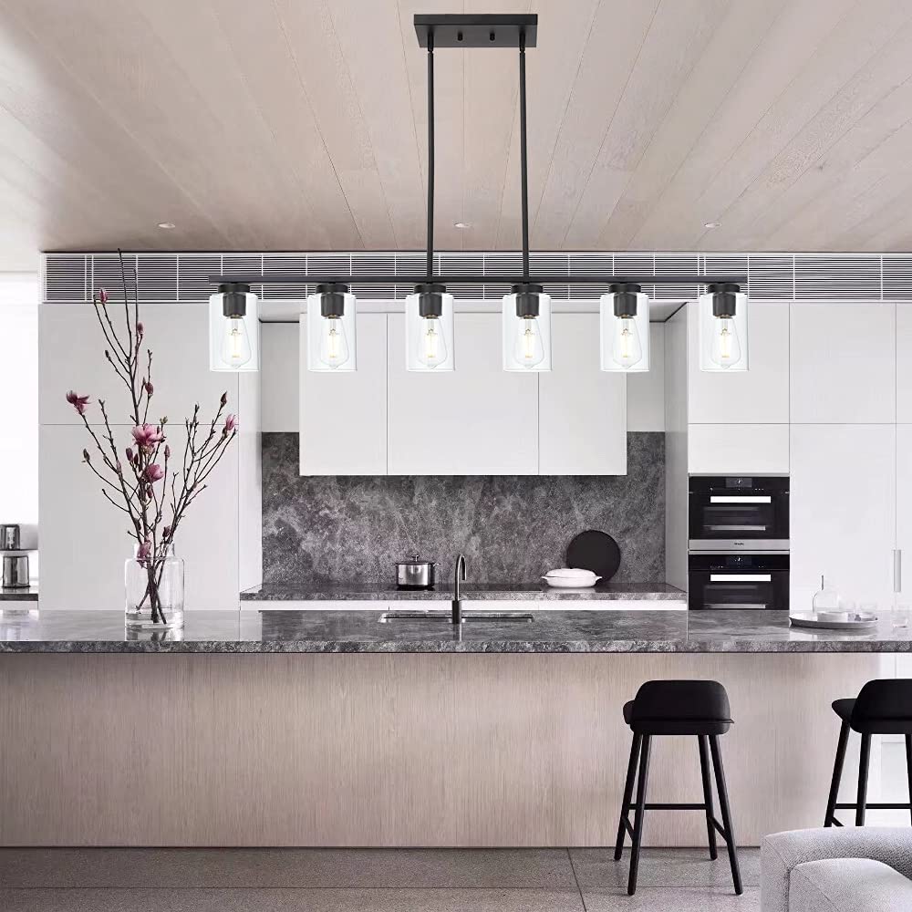 Black 6-Lights Kitchen Island Pendant Lighting with Clear Glass Shades - Farmhouse Style Hanging Light Fixture for Dining Room, Living Room & Kitchen Island - Perfect for Rustic Home Decor and Modern Farmhouse Interiors
