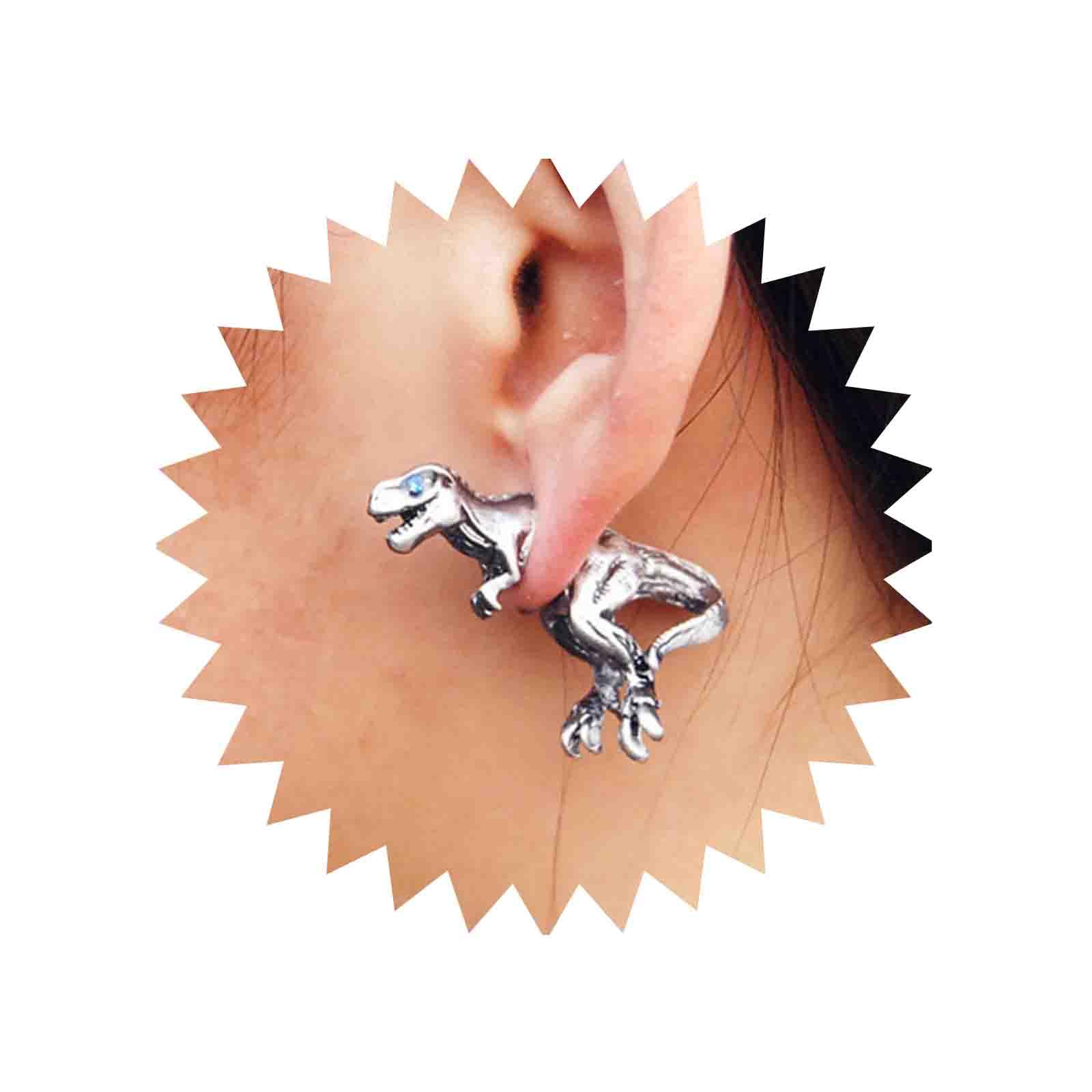 Vintage 3D Dinosaur Stud Earrings - Punk Style Silver Tyrannosaurus Rex Ear Jacket Jewelry for Women | Dino Front & Back Earrings for Casual Wear, Parties & Gift Giving