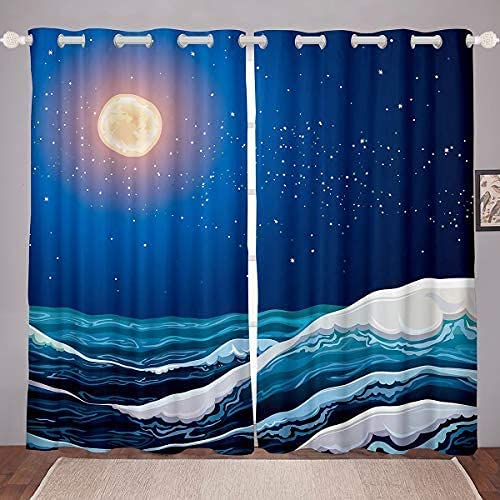 Erosebridal Navy Blue Sea Wave Starry Sky Window Curtain Panels - 104