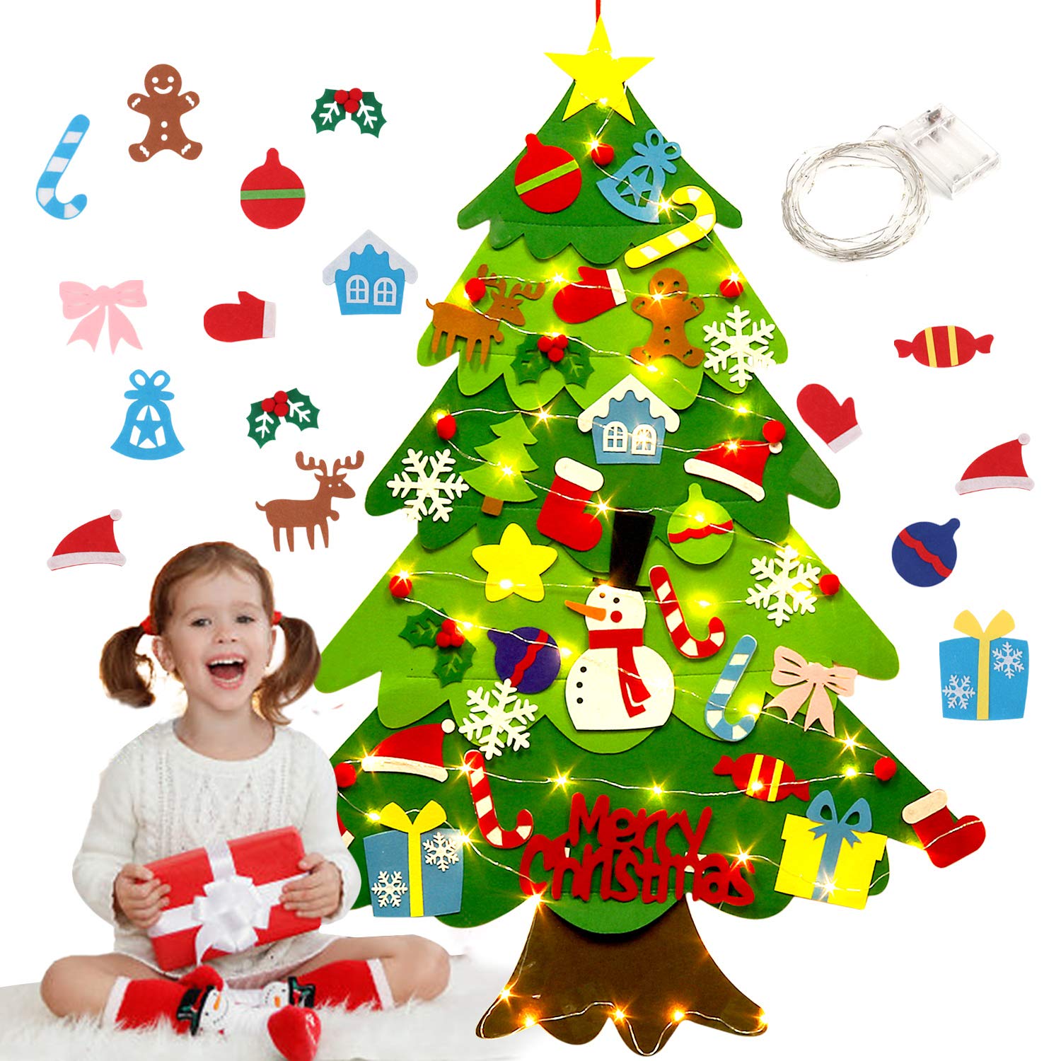 3.2ft DIY Wall Mount Christmas Tree with 32 Ornaments & 50 LED Lights - Holiday Home Decor for Living Room, Bedroom, Office & Party Decoration