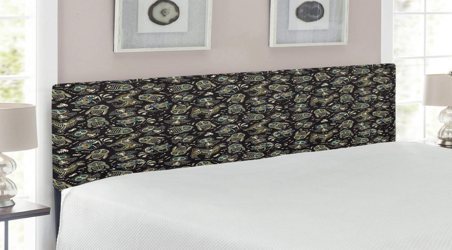 Ambesonne Sugar Skull King Size Headboard - Gothic Upholstered Metal Bed Frame with Memory Foam, Black Ivory Multicolor | Owl, Penguin, Llama & Raccoon Calavera Bones Design | Perfect for Gothic Bedroom Decor, Halloween Theme Rooms & Day of the Dead Celebrations
