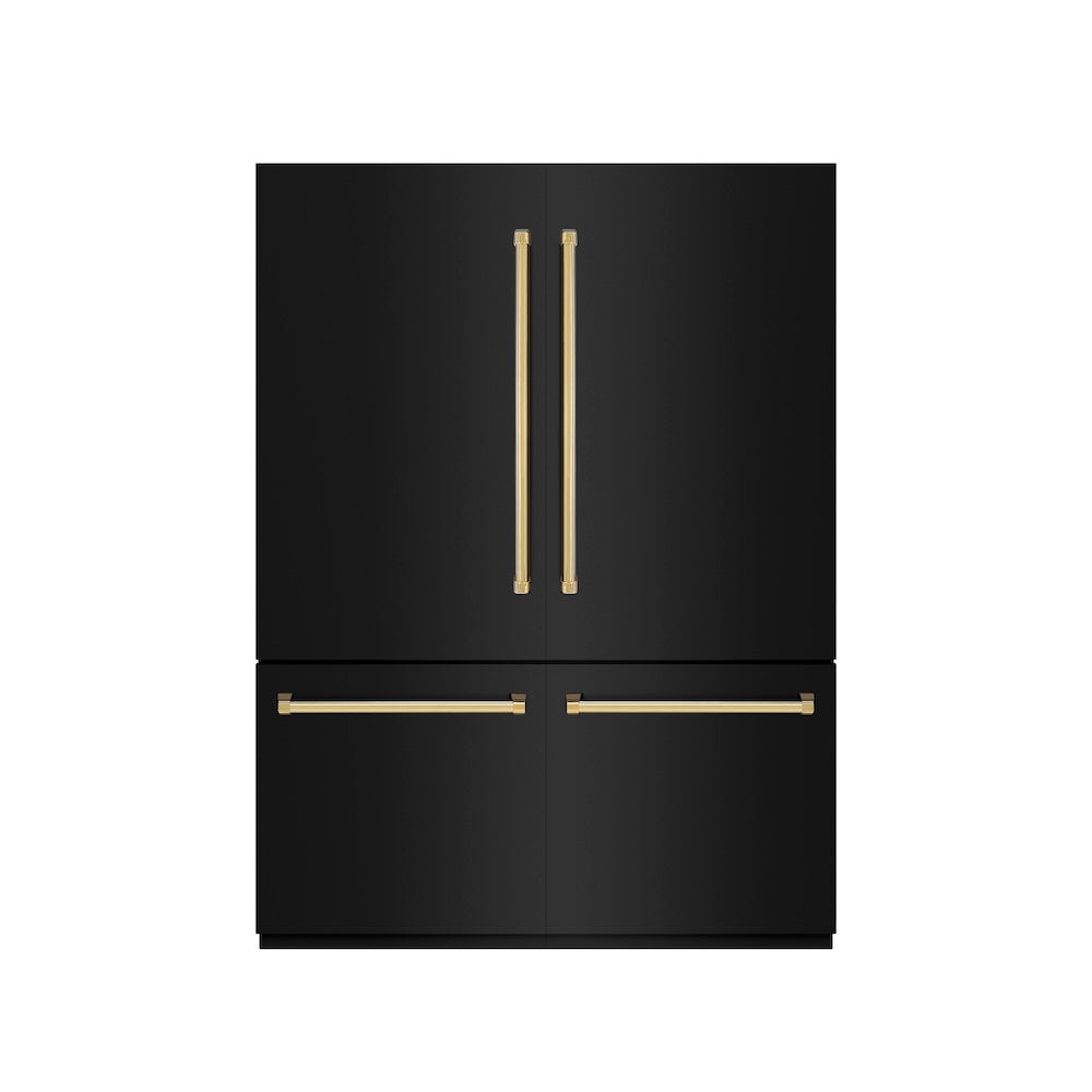 ZLINE Autograph Edition 60-Inch French Door Built-In Refrigerator with Bottom Freezer - 32.2 cu.ft Capacity, Black Stainless Steel Exterior, Graphite Gray Interior & Gold Accents - Water Dispenser & Ice Maker - Perfect for Modern Kitchens & Luxury Homes