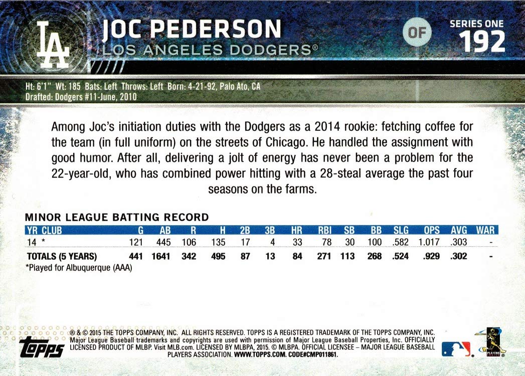 2015 Topps Baseball #192 Joc Pederson Rookie Card - First Official MLB Rookie Card | Collectible Sports Memorabilia for Baseball Fans & Card Collectors | Perfect for Display, Trading, and Investment