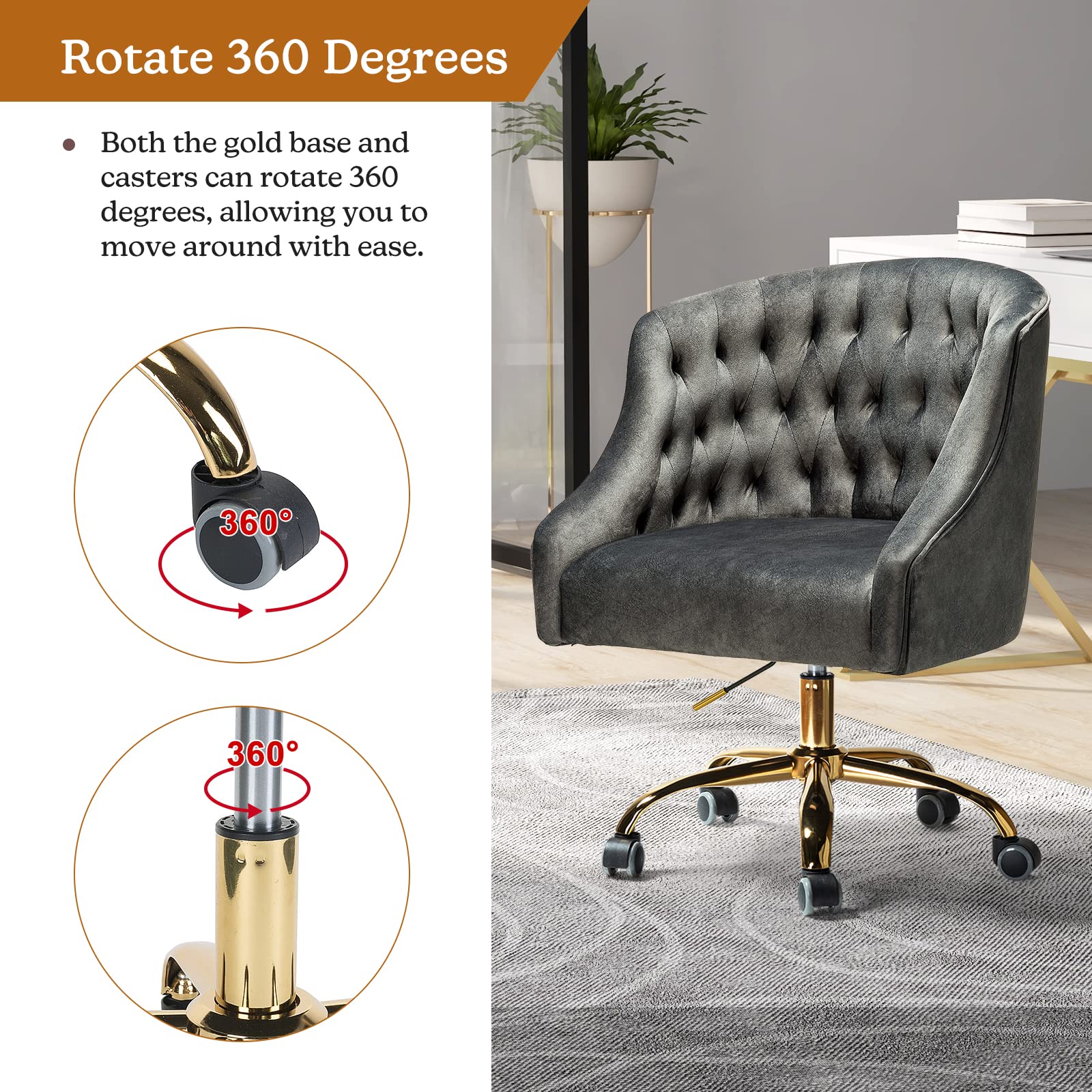 Velvet Home Office Chair with Gold Base - Ergonomic Adjustable Swivel Task Chair for Living Room, Bedroom, Study & Vanity | Modern Comfortable Desk Chair in Charcoal | Perfect for Remote Work, Gaming & Online Classes