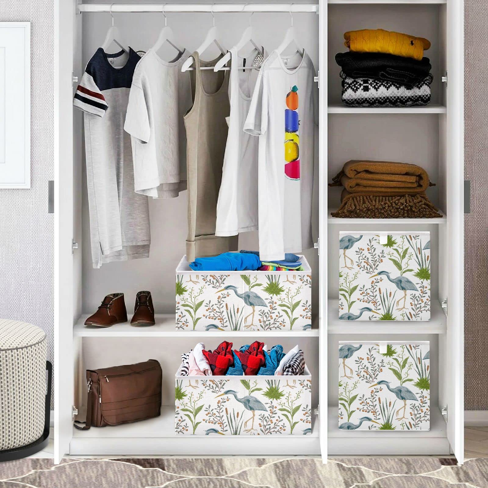 DOMIKING Foldable Fabric Storage Bins with Sturdy Handle - 11 Inch Heron Bird Pattern Closet Organizer Baskets for Bedroom, Shelves & Cubes | Perfect for Home Organization, Laundry & Toy Storage
