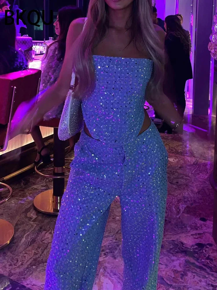 BKQU Women's Fashion Sequins 2-Piece Outfit - Sexy Strapless Tank Top & Loose Long Pants Set for Party, Club, Night Out | Elegant Luxury Evening Wear for Women | Perfect for Cocktail Parties, Date Nights & Special Occasions