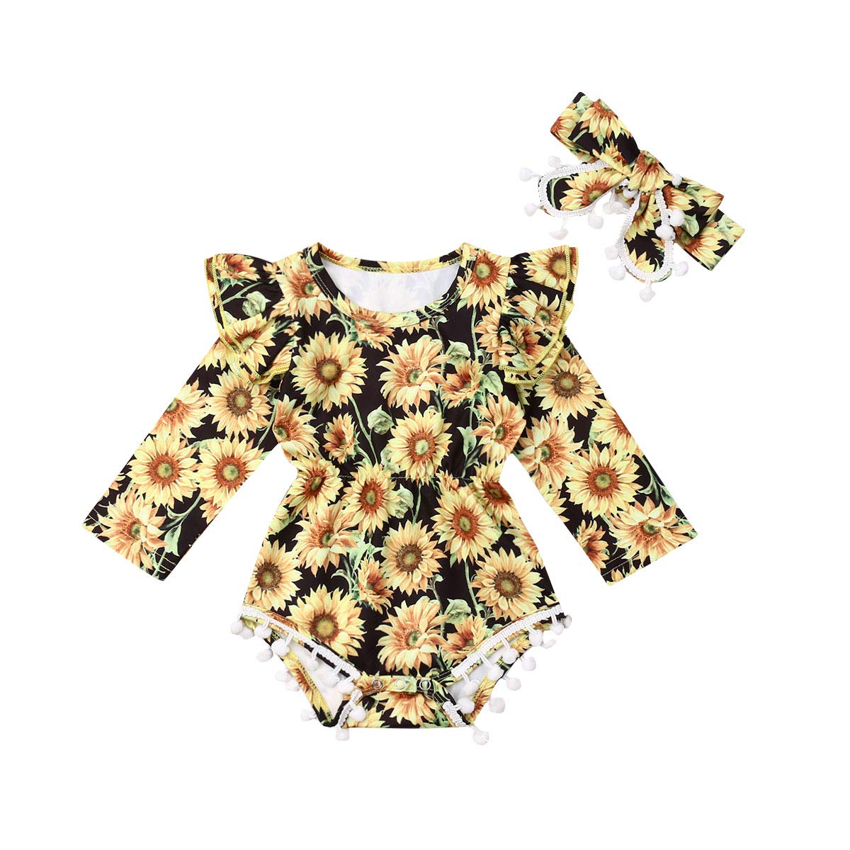 Baby Girl Sunflower Print Long Sleeve Romper with Tassel Detail & Matching Headband - Cute Outfit for Photoshoots, Family Gatherings & Special Occasions