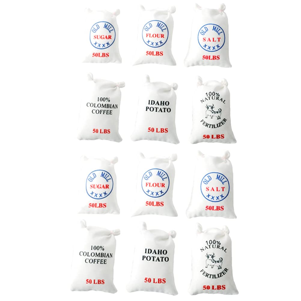 LUOZZY 12Pcs Miniature Flour Bags - 1:12 Scale Dollhouse Kitchen Accessories, Sugar & Salt Bags for Baking & Cooking Scenes - Perfect for Dollhouse, Diorama & Model Train Displays