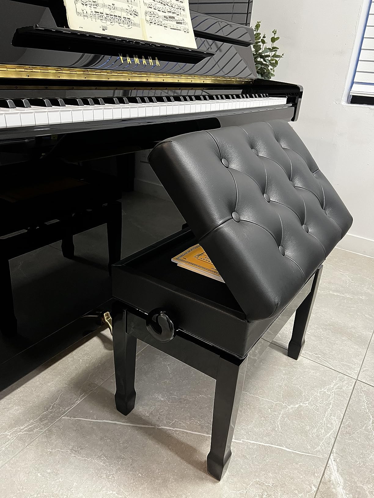 Adjustable Piano Bench Stool for Artists - Ebony Wood with Music Storage - Perfect for Home, Studio & Music Practice