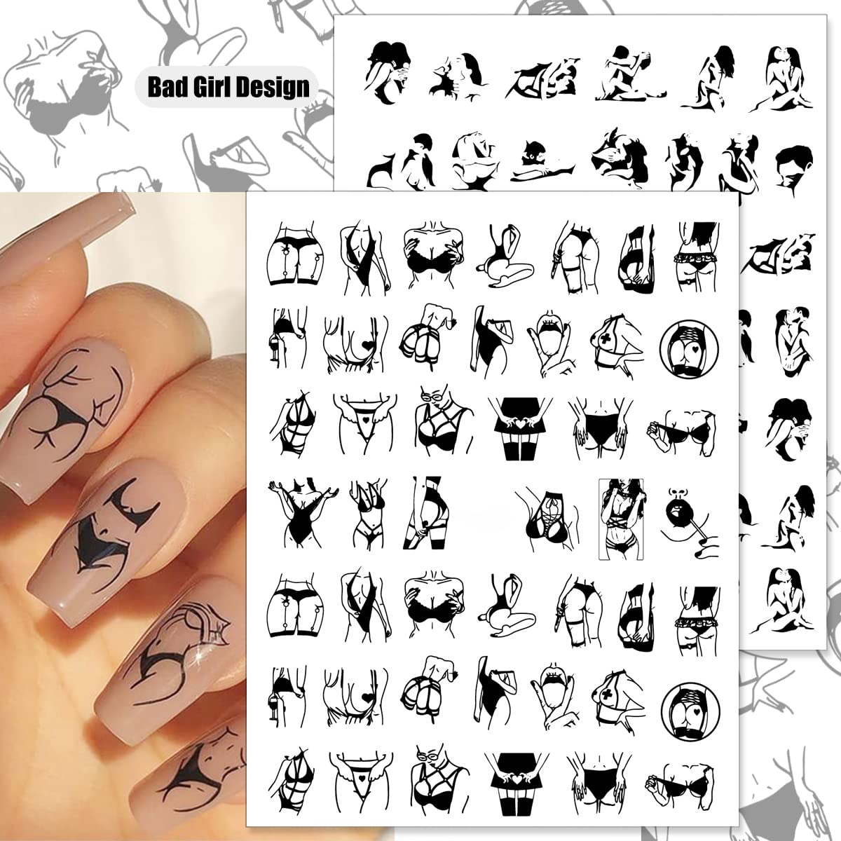 8 Sheets Bad Girl Nail Art Stickers - Black & White 3D Self-Adhesive Nail Decals for Women & Girls | Sexy Nail Designs for Parties, Night Out, Halloween | Nail Art Supplies & Decorations