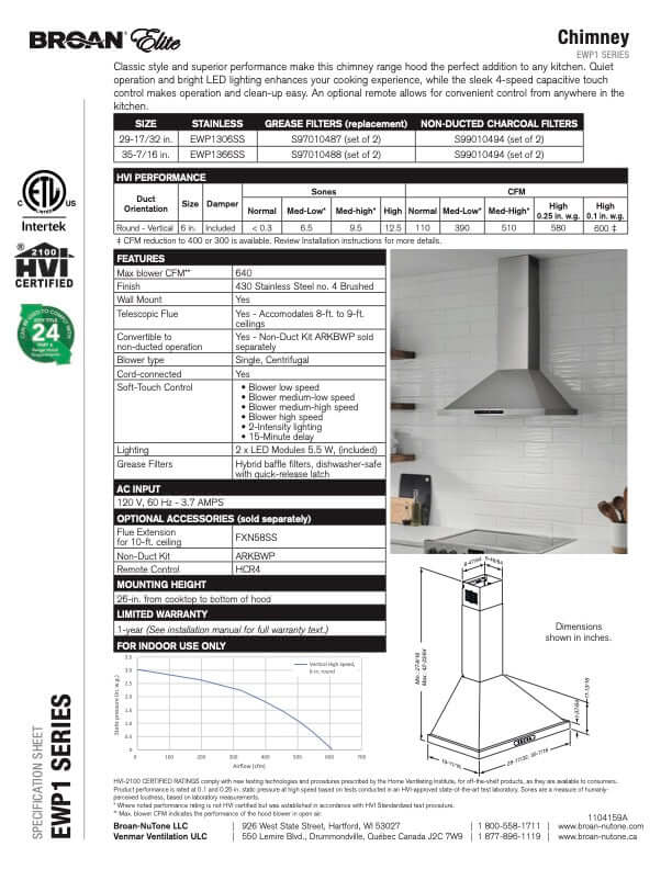 Broan Elite EWP1 Series Stainless Steel Chimney Range Hood - 30