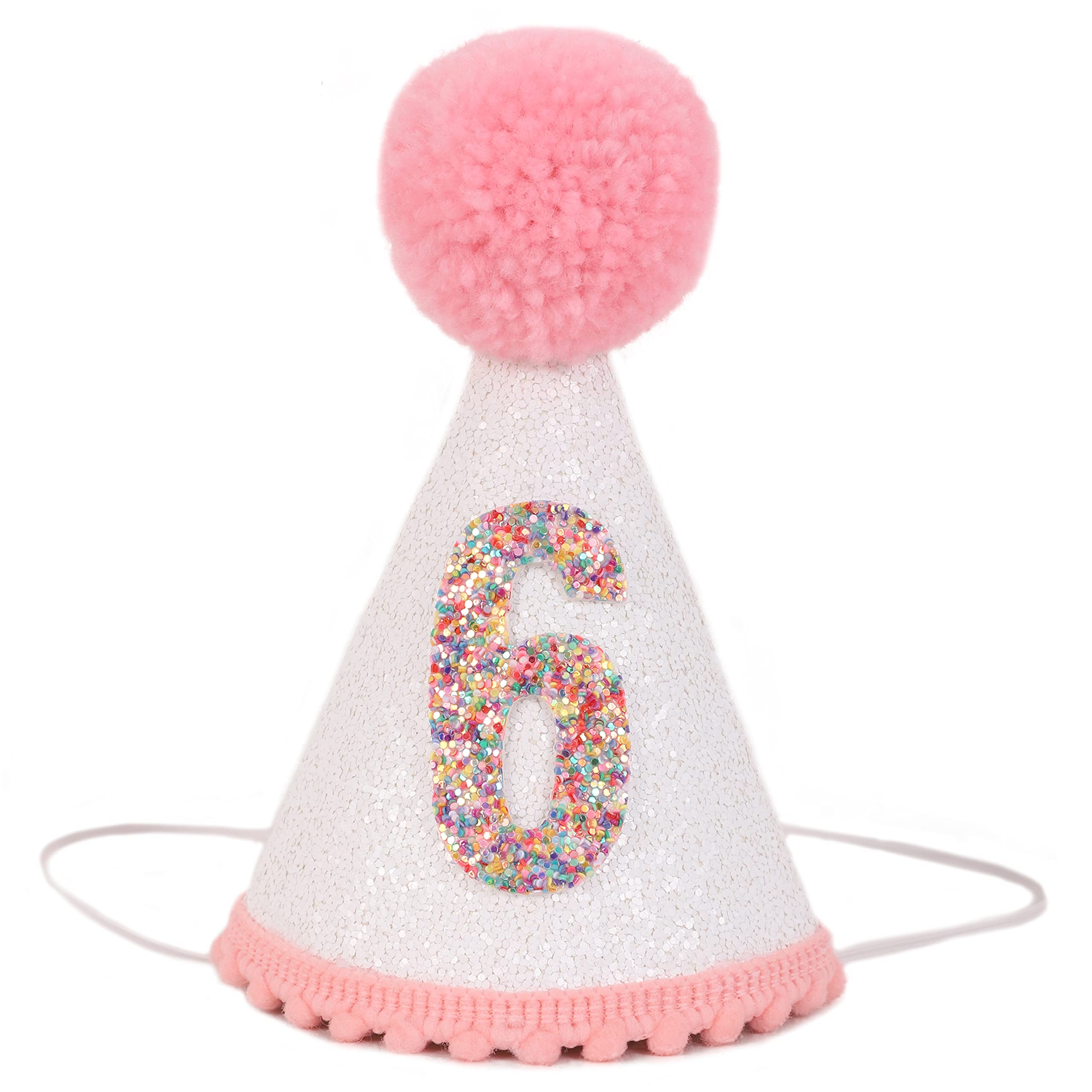 Sparkly Pink Glitter Birthday Hat for Girls with Pom Topper - Cute Party Hat for Birthday Celebrations, Baby Showers & Princess Themed Parties