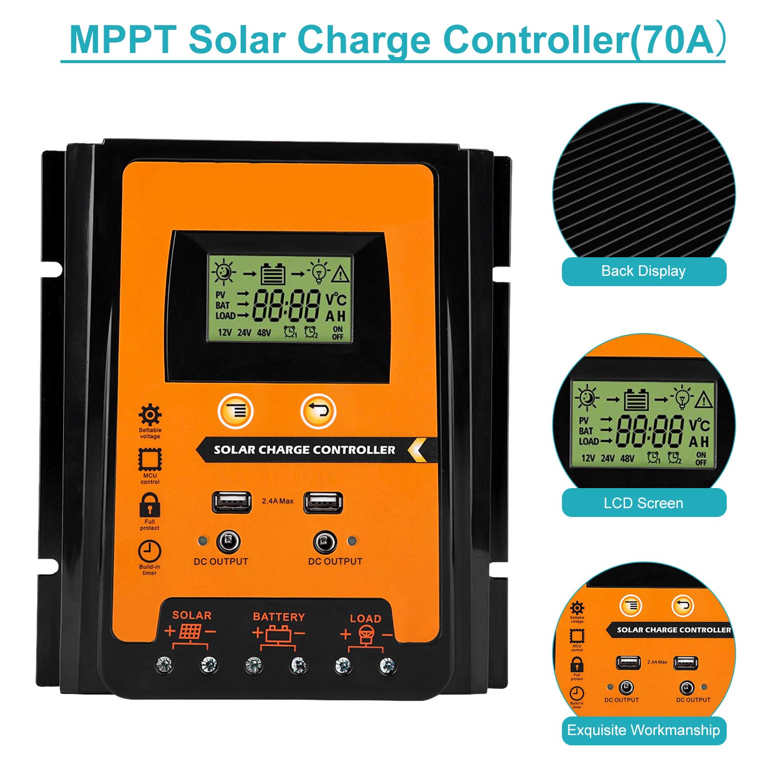 MPPT Solar Charge Controller 12V/24V 30A/50A/70A with LCD Display & Dual USB Ports - Solar Panel Battery Regulator for RV, Boat, Off-Grid Power Systems