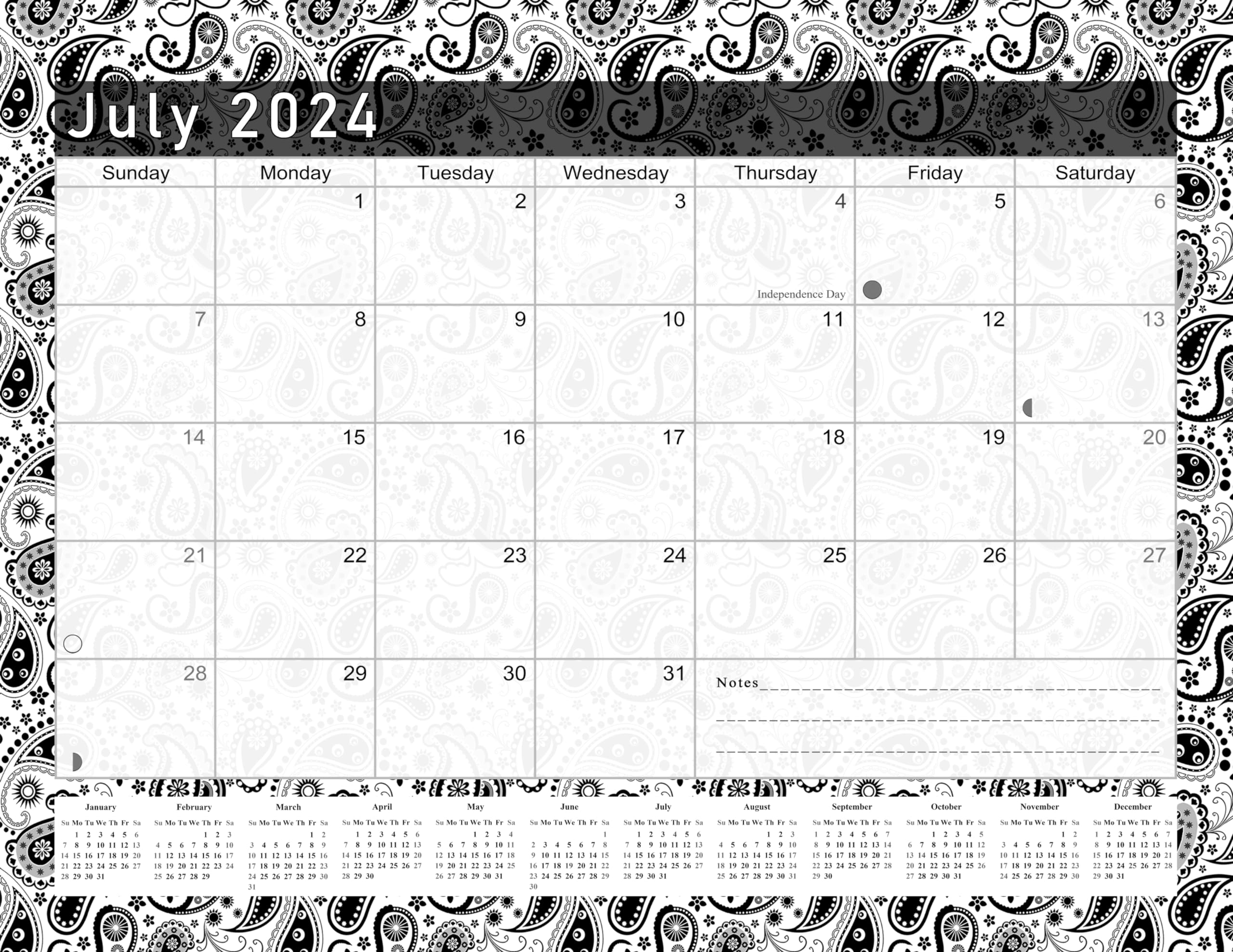 2024-2025 18-Month Spiral-Bound Wall & Desk Calendar Planner - Black & White Paisley Design (Edition #011) - Perfect for Home, Office & School Organization