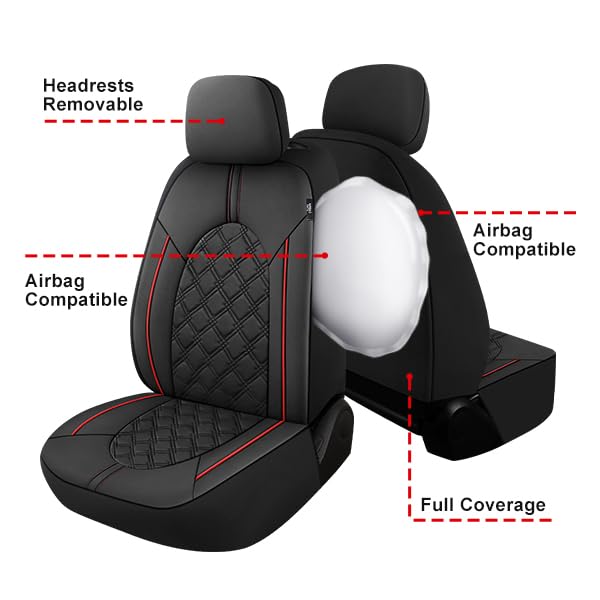 Premium PU Leather Car Seat Covers Full Set - Waterproof Universal Fit for Sedans, SUVs & Trucks | Split Bench Design with Black/Red Stitching | Perfect for Daily Commute, Road Trips & Vehicle Protection