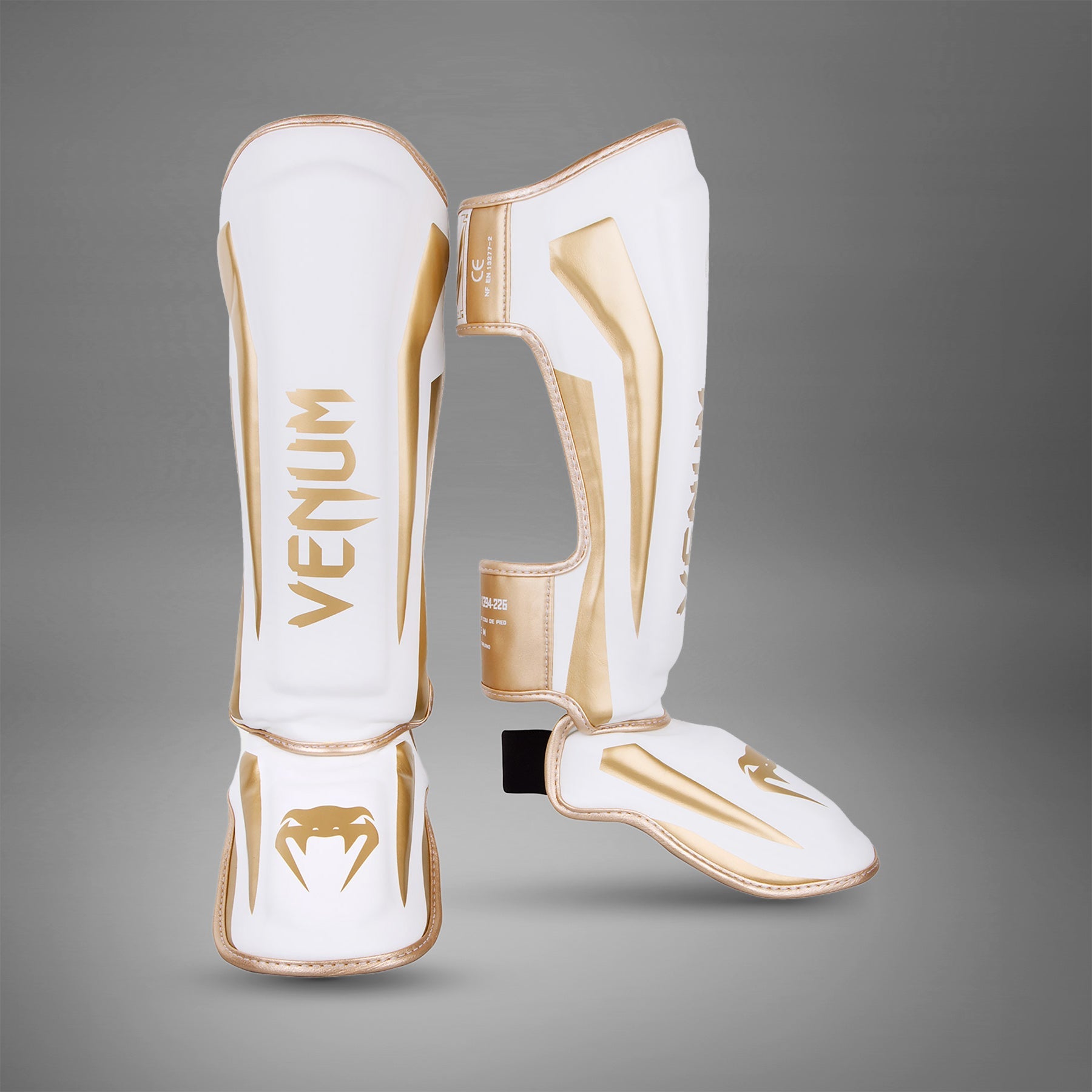 Venum Elite Standup Shin Guards - White & Gold - MMA, Kickboxing & Muay Thai Protective Gear for Training & Competition