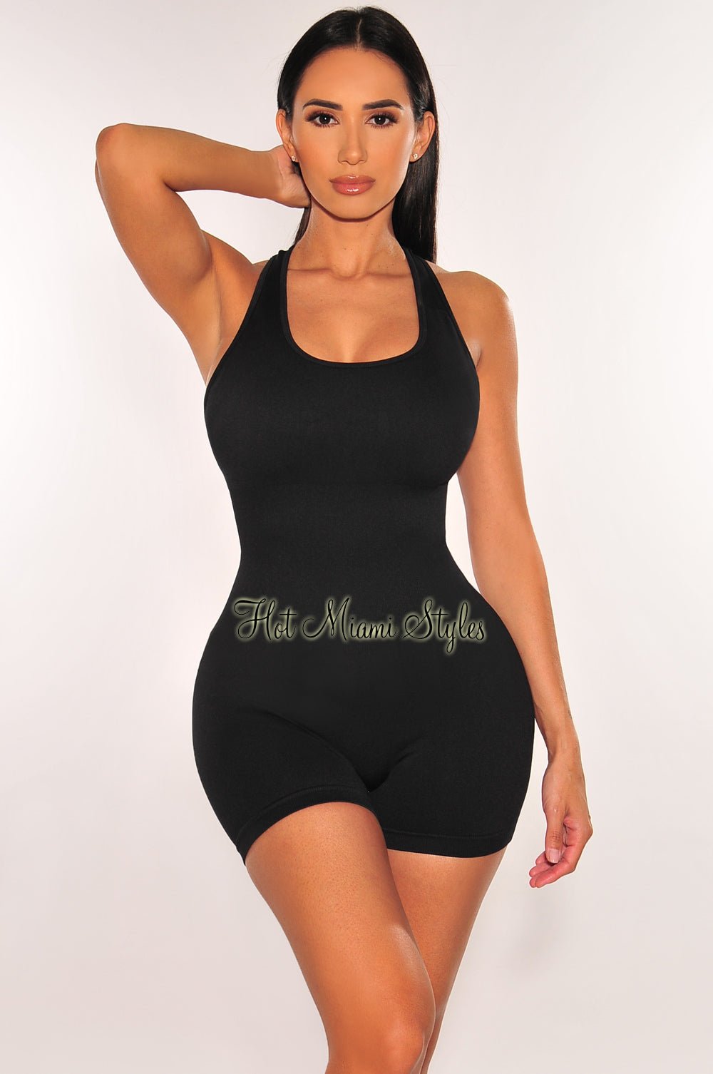 HMS Fit: Women's Black Sleeveless Round Neck Bodycon Romper Jumpsuit - Perfect for Gym, Yoga, Workout & Summer Streetwear Fashion