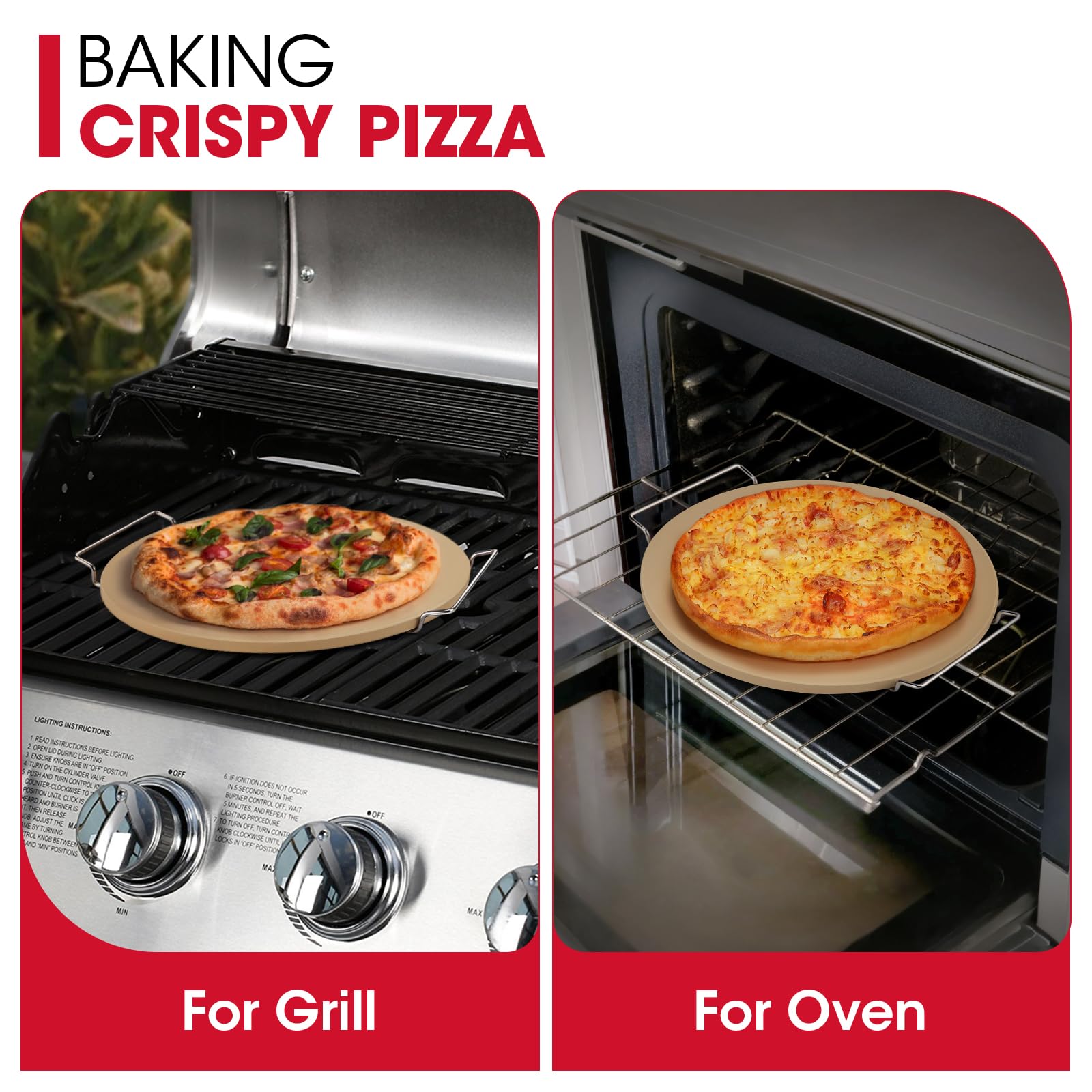 Unicook 12 Inch Round Pizza Stone for Oven & Grill - Premium Cordierite Baking Stone for Crispy Pizza, Bread & Cookies - Includes Carry Rack & Dough Scraper - Perfect for Home Baking, Outdoor Grilling & Restaurant Use
