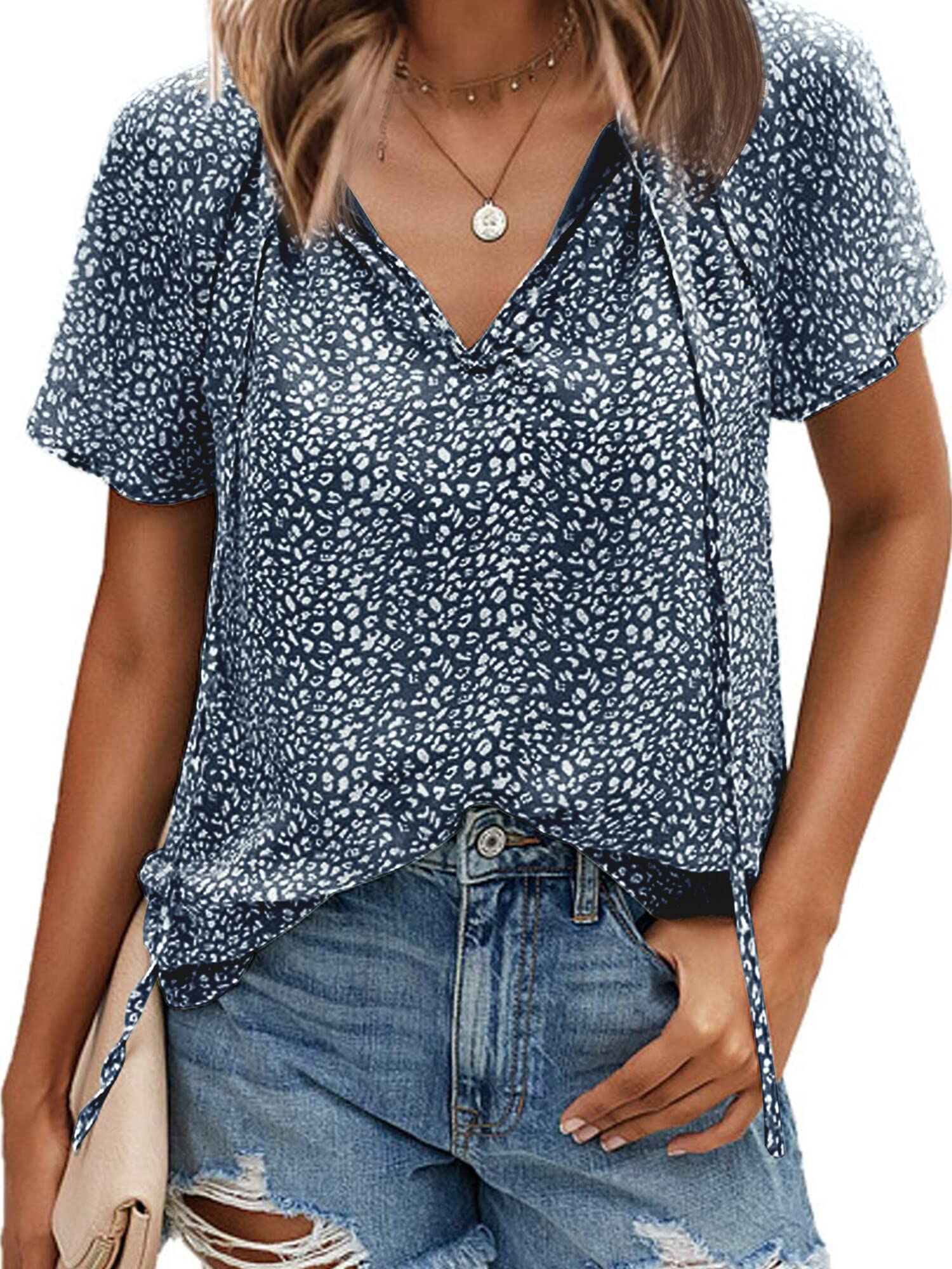 Women's Casual Floral Ruffle Short Sleeve T-Shirt - Cute Boho V-Neck Loose Blouse for Summer & Fall | Perfect for Beach Outings, Picnics, and Everyday Wear