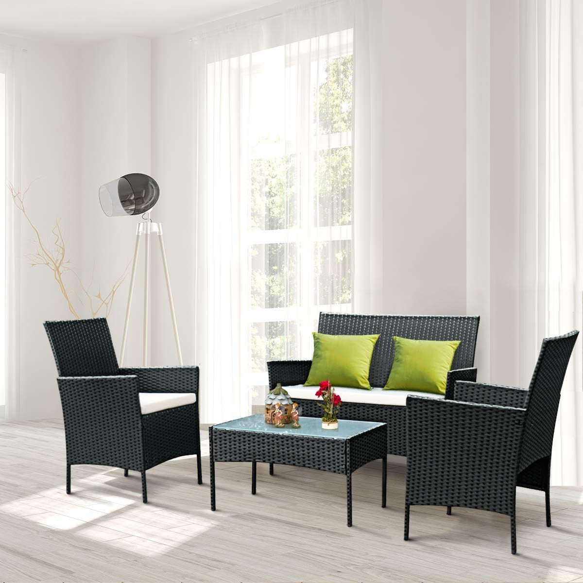 Casart 4-Piece Rattan Patio Furniture Set with Glass Top Coffee Table & Removable Cushions - Outdoor Wicker Sofa Set for Garden, Lawn, Poolside & Backyard Relaxation