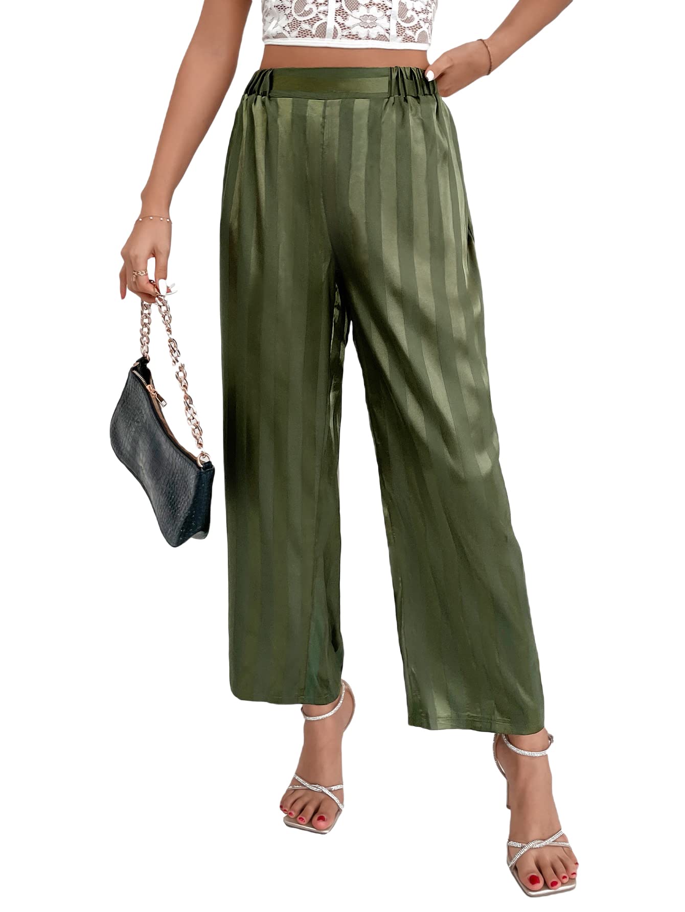 WDIRARA Women's High Waist Wide Leg Pants - Elastic Waistband, Striped Satin Lounge Pants for Casual Wear, Work, Travel & Home Comfort