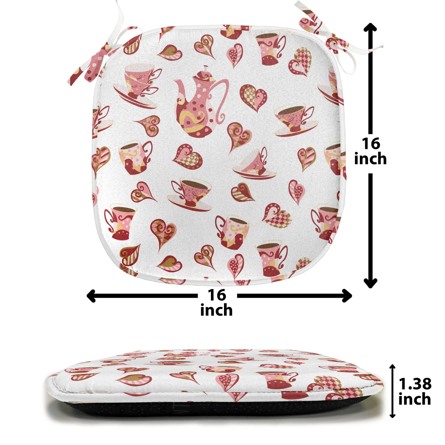 Lunarable Tea Party Chair Cushions Set of 12 - Vibrant Coffee Cup & Teapot Heart Doodle Design - 16x16 Inch Non-Slip Seat Pads for Kitchen, Patio, and Outdoor Dining - Pale Pink & Red Home Decor for Garden Parties and Afternoon Tea Gatherings