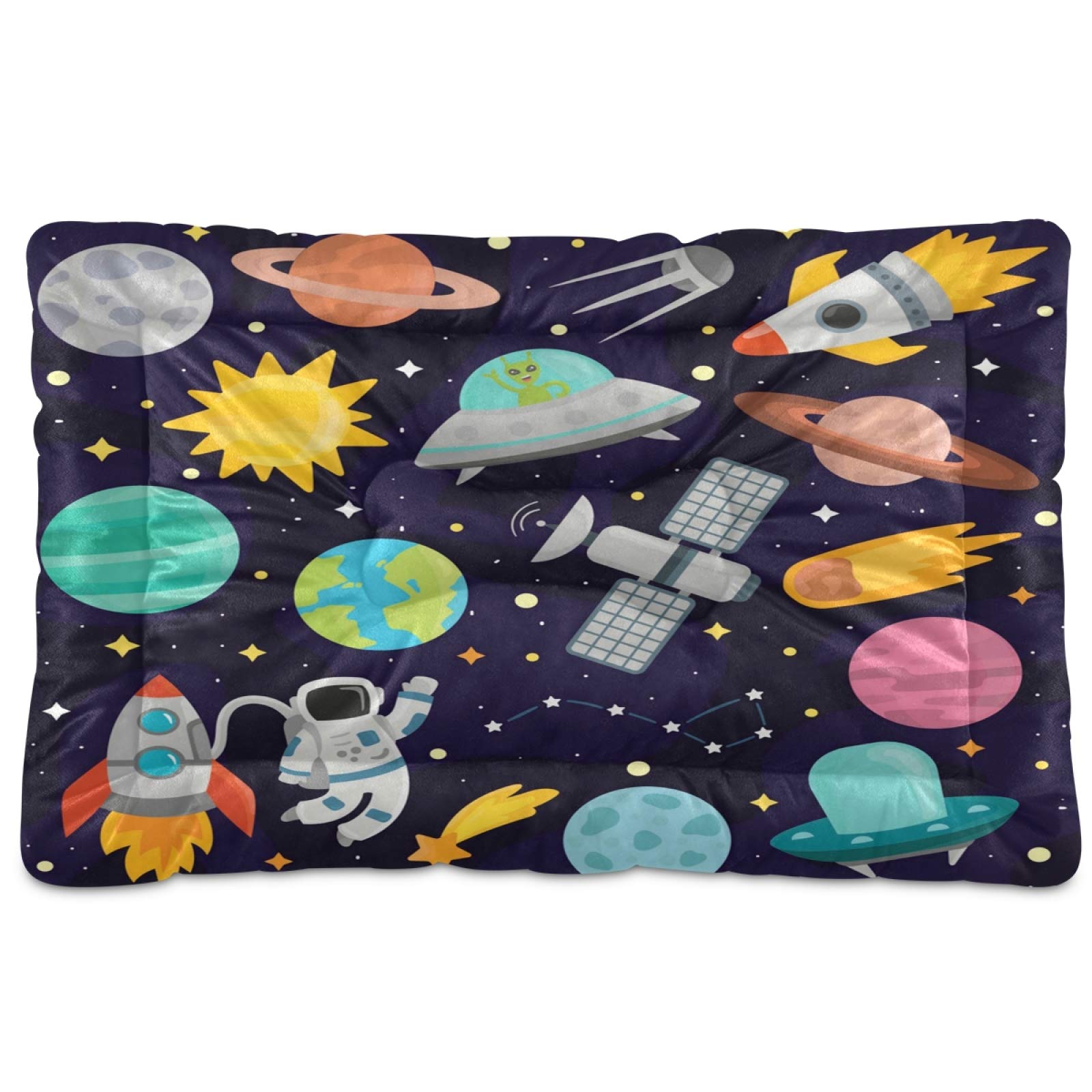 Cartoon Rocket Dog Bed for Small Medium Dogs & Cats - Ultra Soft Rectangle Pet Bed with Calming Design, 24x18 Inch - Perfect for Living Room, Bedroom & Pet Travel