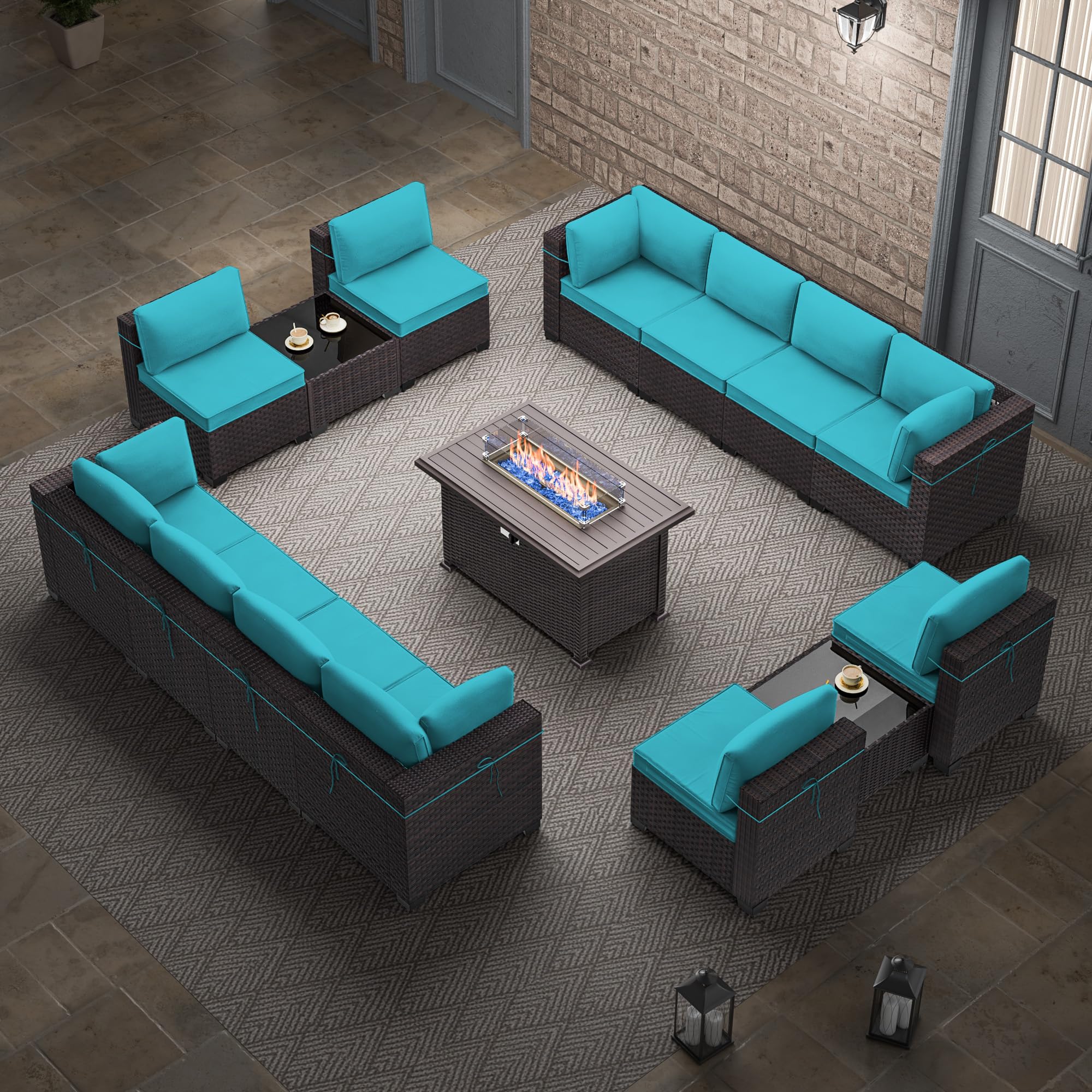 15-Piece Outdoor Patio Furniture Set with ETL-Approved Propane Fire Pit Table & Coffee Table - Blue Sectional Sofa Conversation Set for Backyard, Garden, Poolside & Deck Relaxation