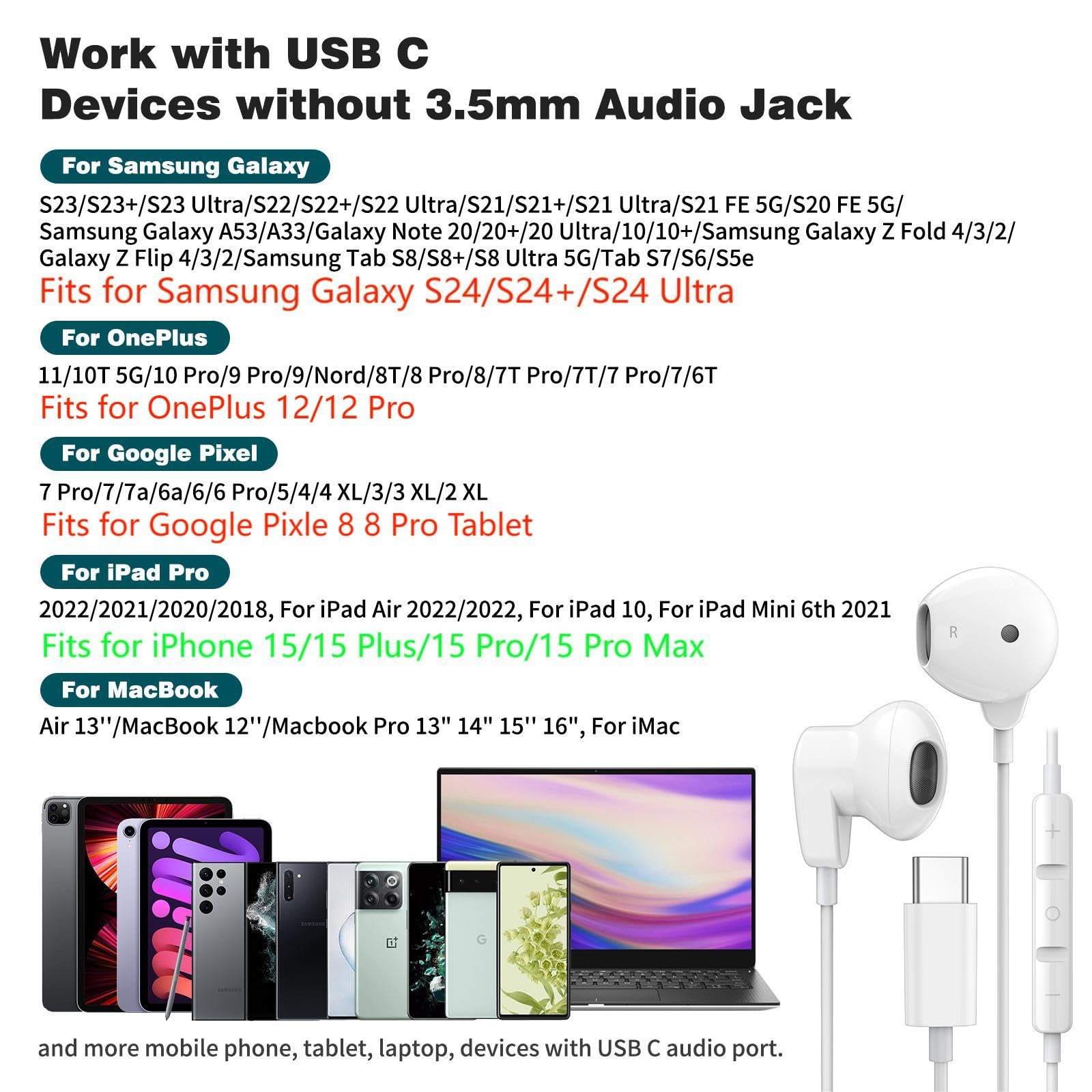 Premium HiFi Stereo USB-C Wired Earbuds with Microphone & Volume Control - Compatible with iPhone 16/16E/15 Pro Max, Samsung Galaxy S25 Ultra/S24 FE/A26, iPad 10/11 & Google Pixel 9 - Perfect for Gaming, Work Calls & Music Listening