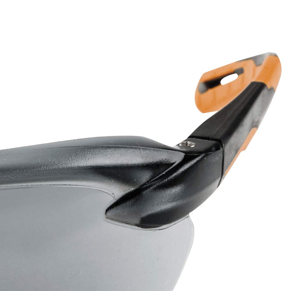 Sellstrom Lightweight Safety Glasses with Anti-Scratch Smoke Lens - Hard Coated Protective Eyewear for Work & DIY - Black/Orange Co-Molded 3-Position Ratcheting Temples with Soft Nose Piece (Pack of 1) - Ideal for Construction, Woodworking & Industrial Use - Model S71201