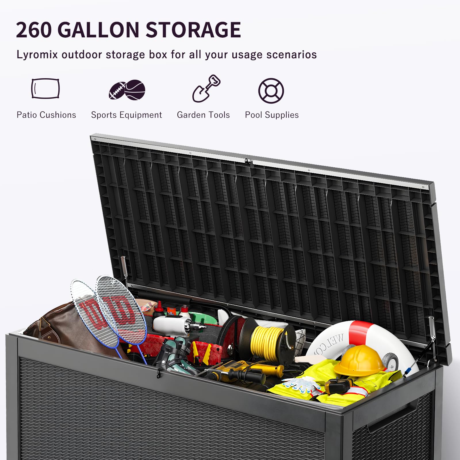 260 Gallon Outdoor Storage Box - Waterproof Resin Deck Box with Lockable Lid - Large Patio Furniture Storage for Cushions, Pool Supplies & Garden Tools - Weatherproof Black Deck Box for Backyard, Poolside & Garden Organization