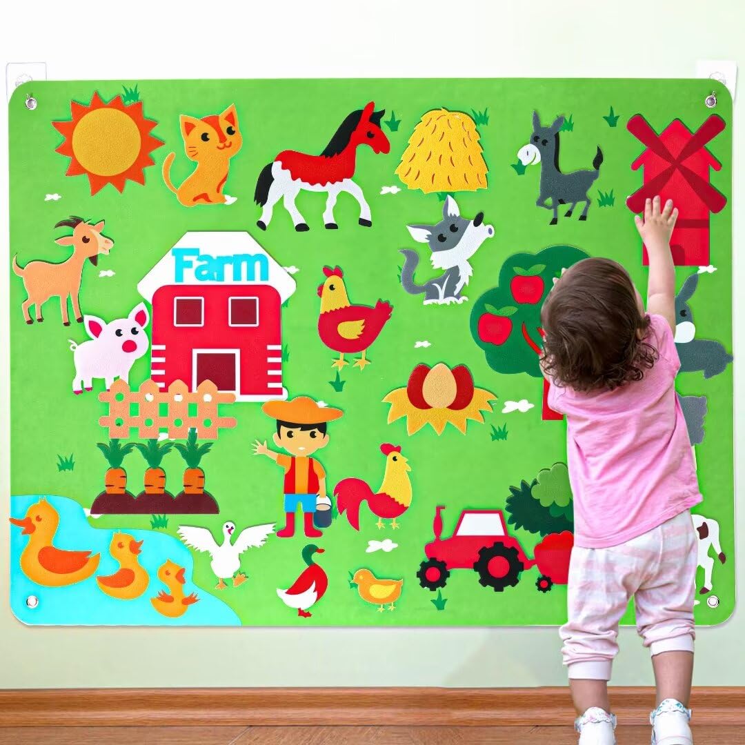 Farm Animals Felt Story Board Set - 29pcs Preschool Learning Kit for Toddlers | Interactive Play Mat & Wall Hanging Gift for Boys & Girls