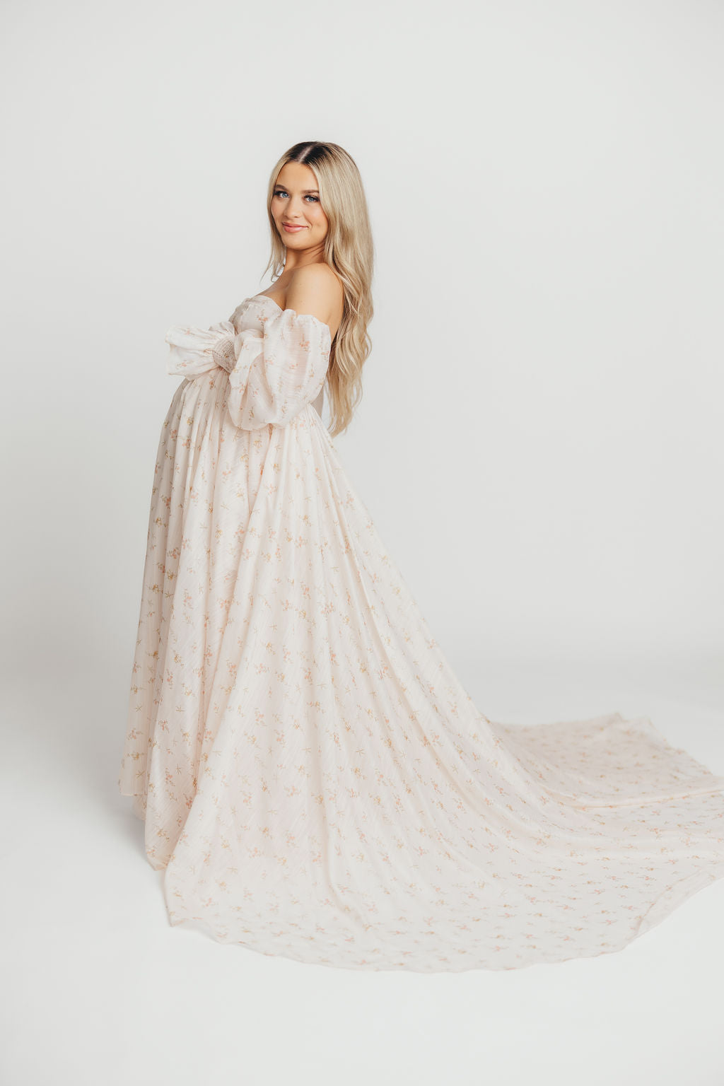 Delilah Maxi Dress with Train in Peach - Bump Friendly Maternity Dress (XS-3XL) for Weddings, Parties & Special Occasions