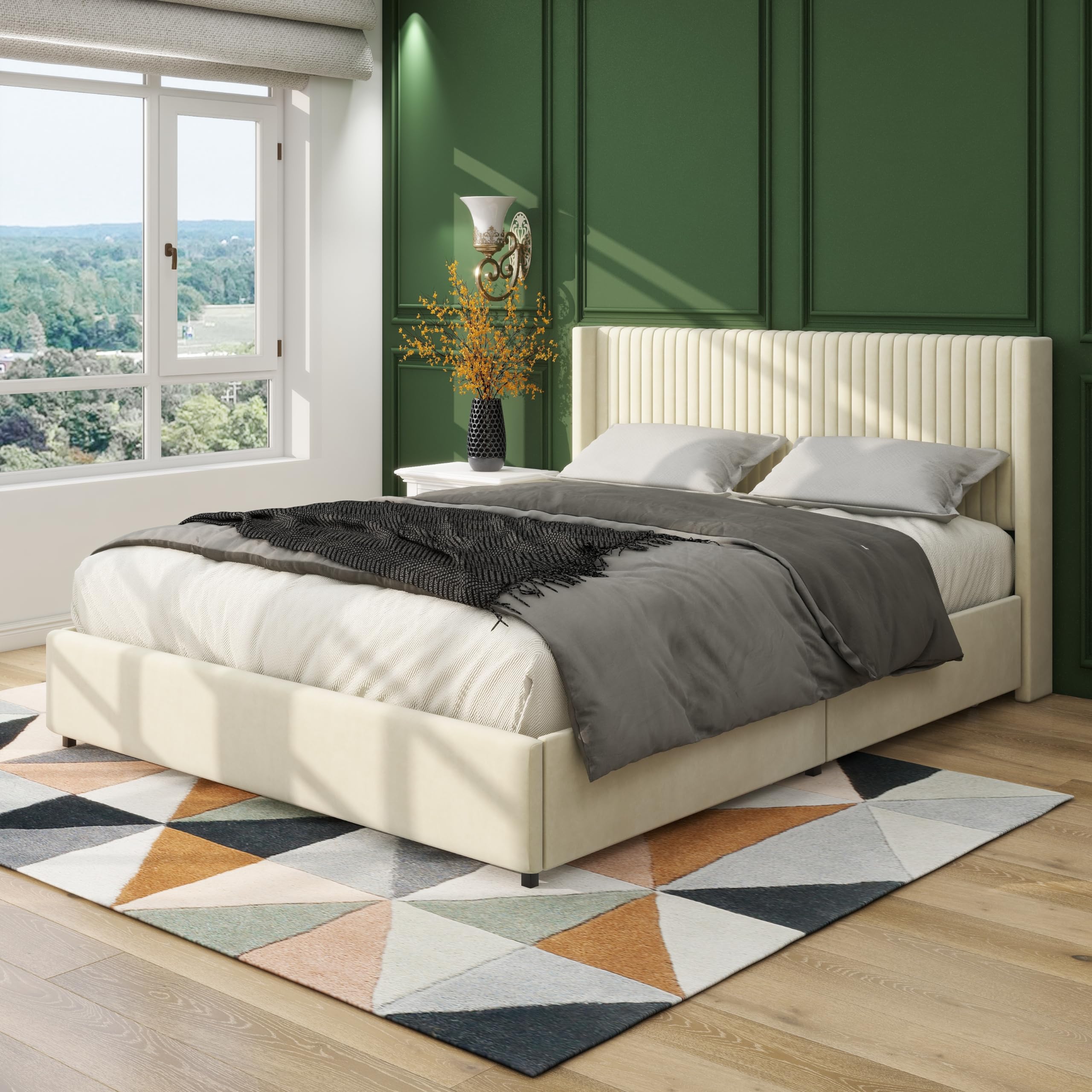 SOFTSEA Queen Upholstered Storage Bed with Velvet Wingback Platform & Tufted Headboard - Heavy-Duty Support, No Box Spring Needed, Ivory - Perfect for Small Bedrooms & Modern Master Suites