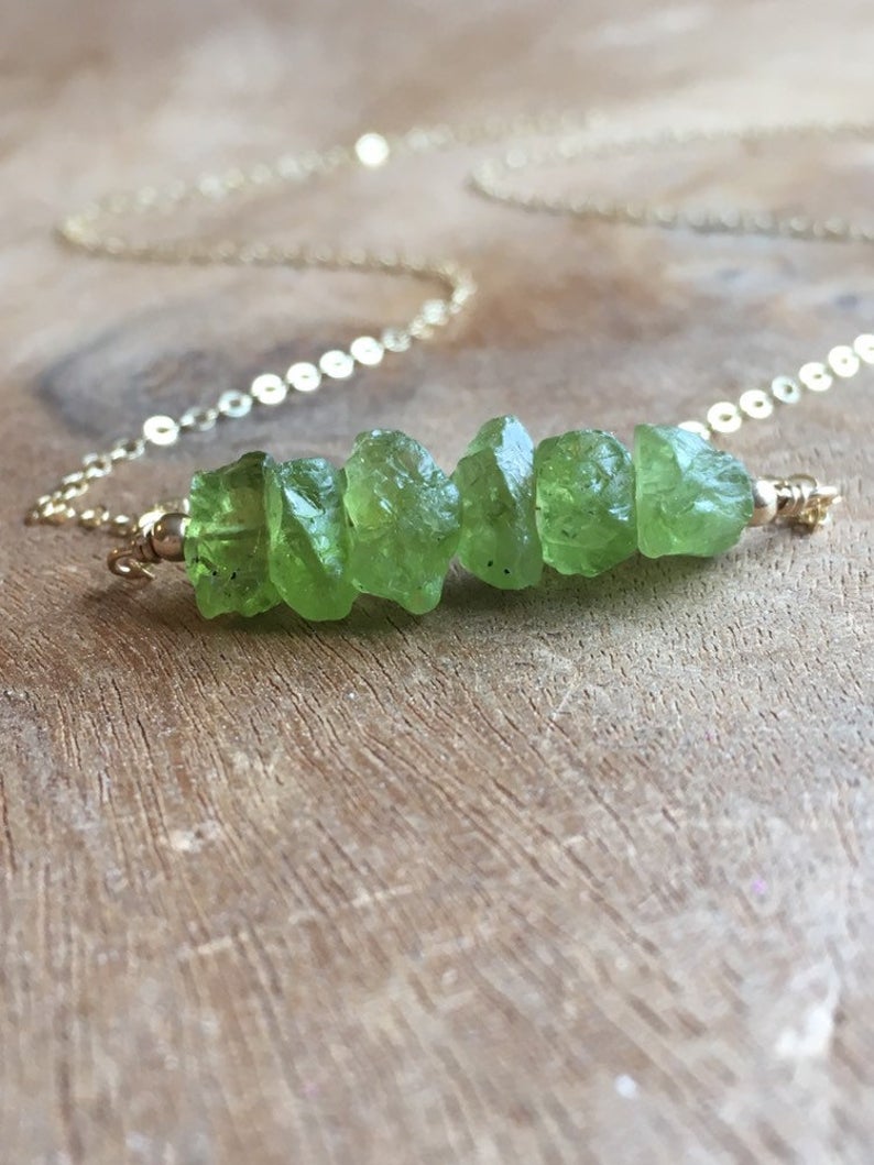 Raw Peridot Crystal Bar Necklace in Sterling Silver or 14K Gold - Elegant Bohemian Jewelry for Women, Perfect for Everyday Wear, Gift Giving & Spiritual Healing