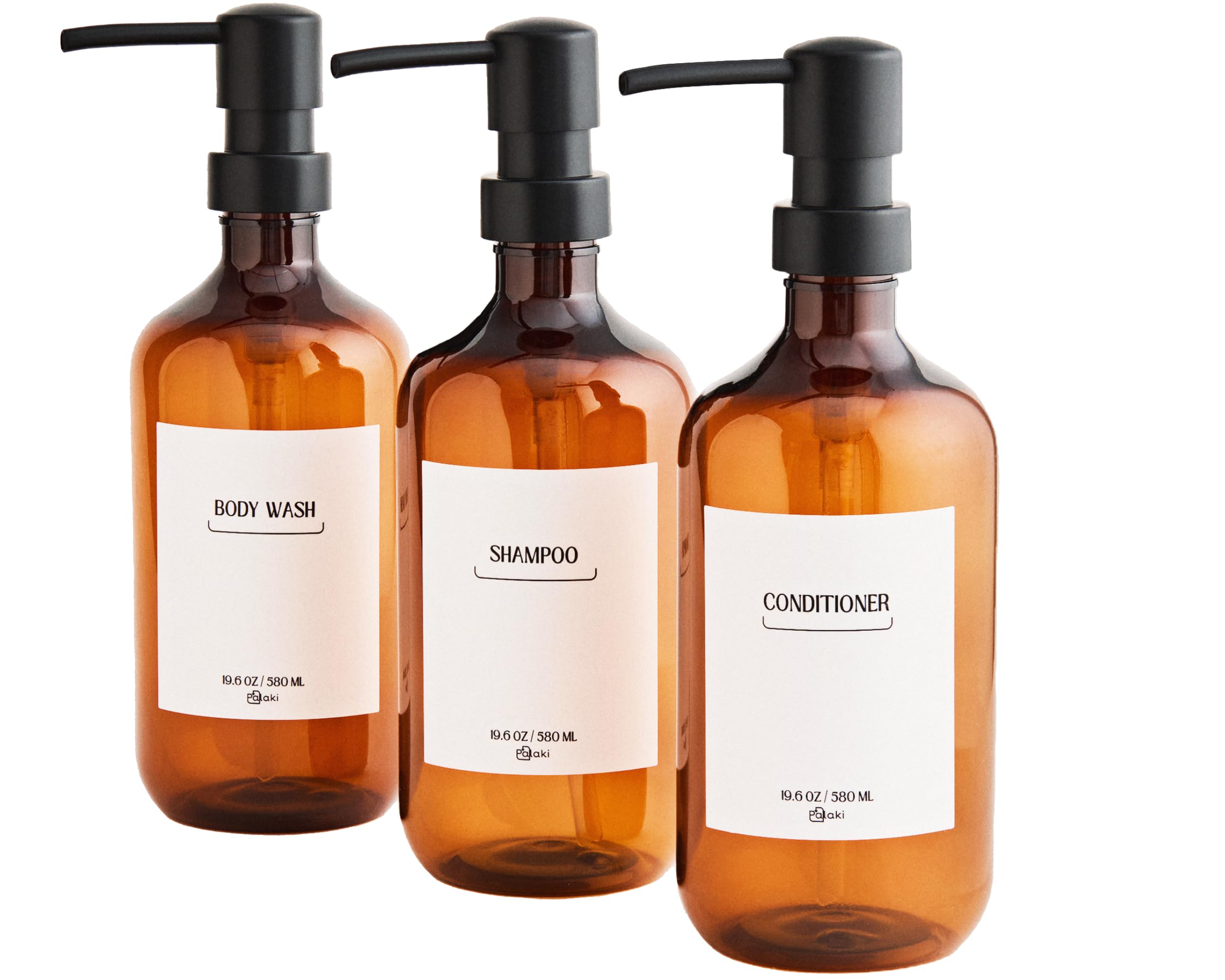 3-Pack Amber Shower Dispenser Set - 19.6 oz PET Plastic Shampoo & Conditioner Bottles - Space Saving Bathroom Organizer for Shower, Gym, Salon & Travel Use