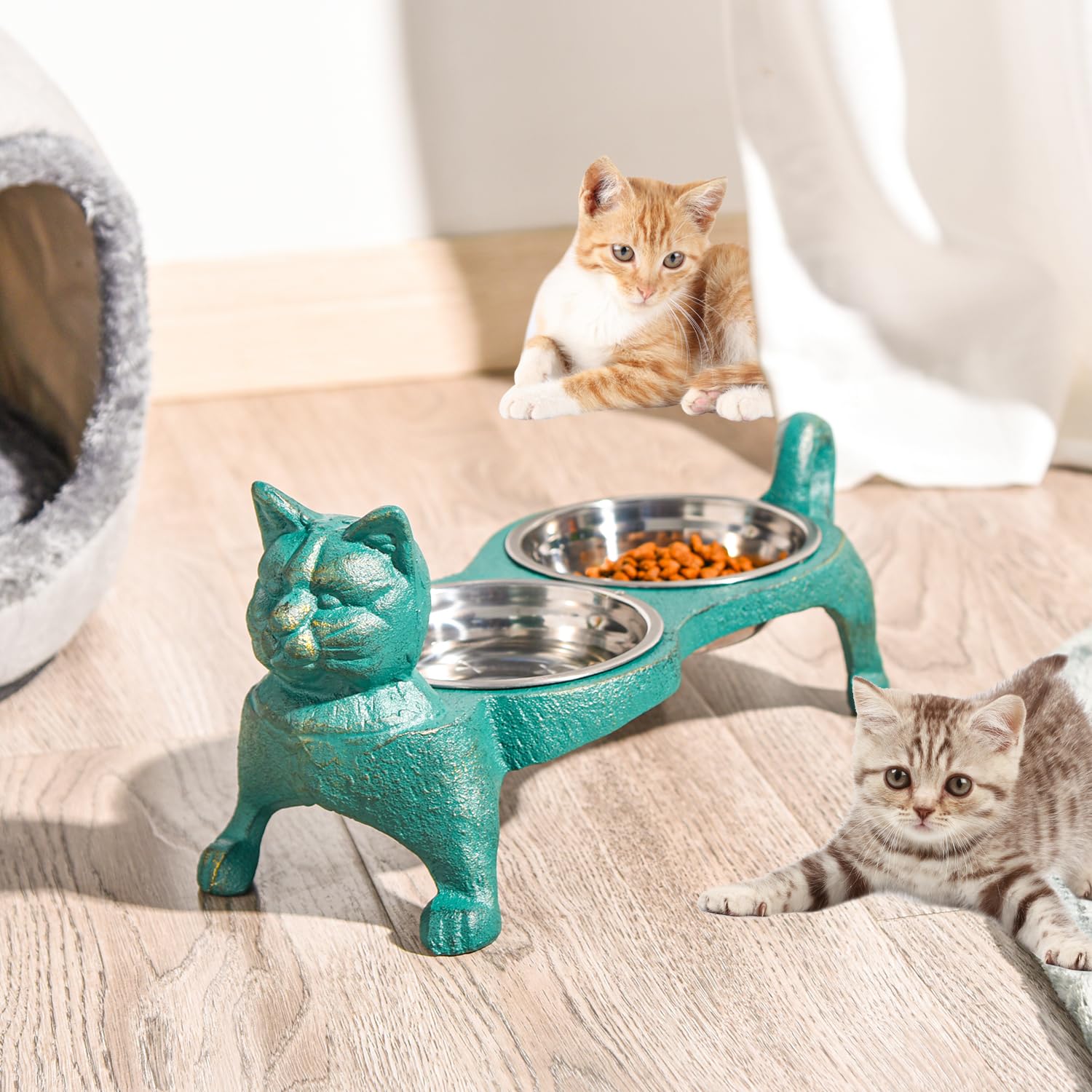 Sungmor Raised Cat Bowls - Heavy Duty Non-Slip Cast Iron Stand with 2 Stainless Steel Pet Food & Water Dishes - Elevated Feeder for Cats & Small Dogs - Perfect for Home, Kitchen, or Outdoor Use - 15.2x6.7x5.9 Inch