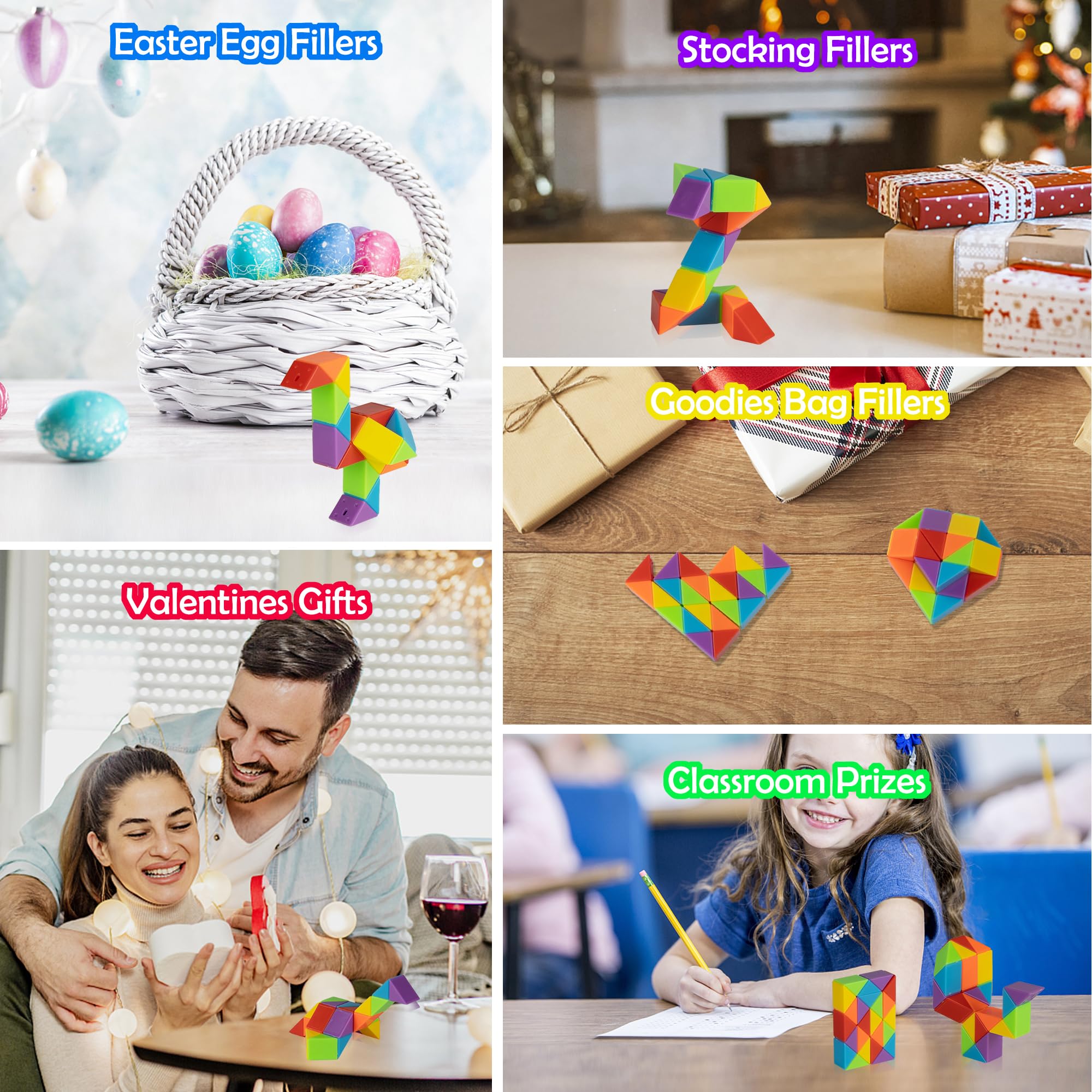 Ganowo Medium Snake Cube Puzzle - 4 Pack Twist Fidget Toys for Stress Relief & Anxiety - Sensory Toys for Kids, Teens, Adults - Perfect for Stocking Stuffers, Goodie Bags & Classroom Rewards