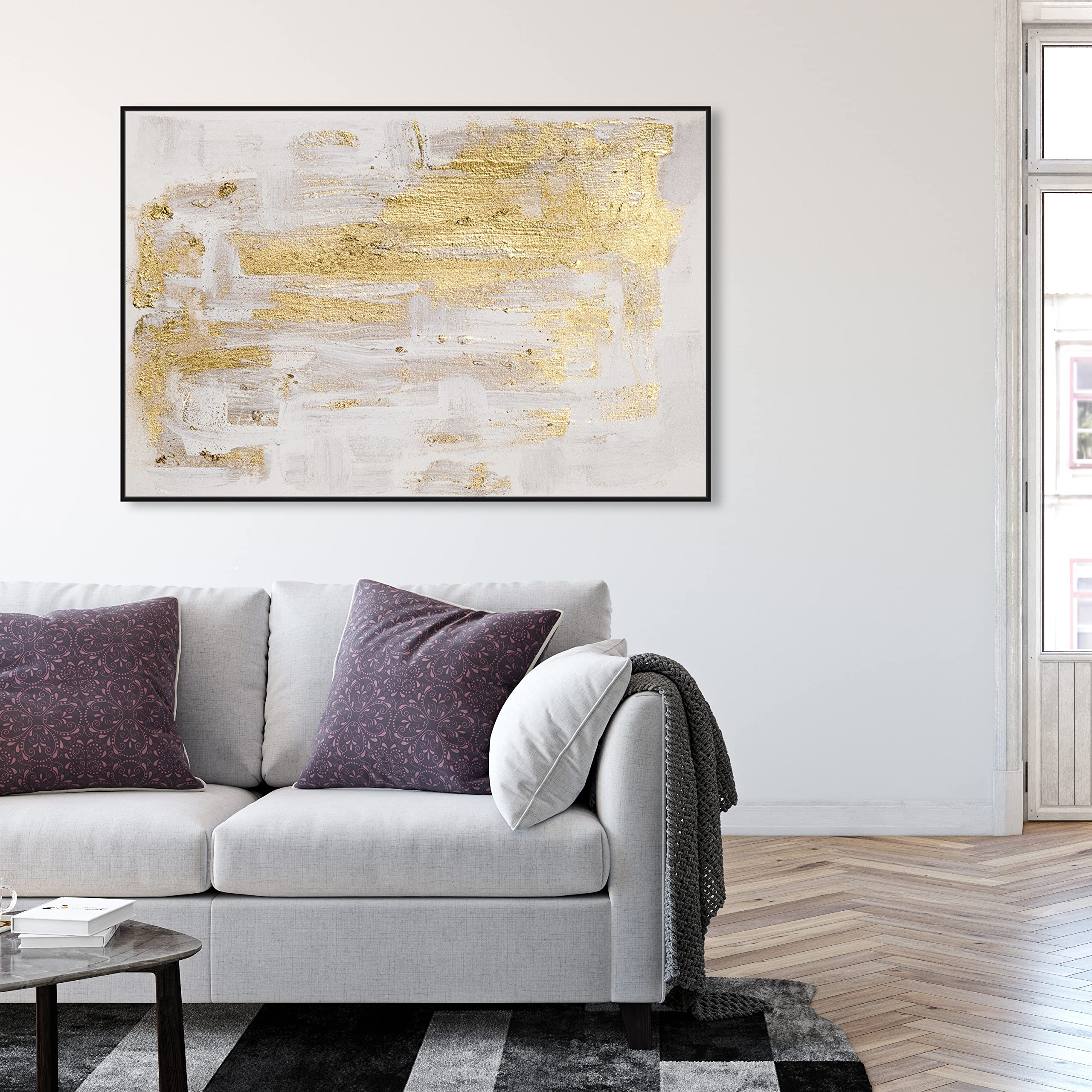 Abstract Wall Art Canvas Print 'Pure Love' - 54x36 Inches, Gold & White - Modern Home Decor for Living Room, Bedroom & Office