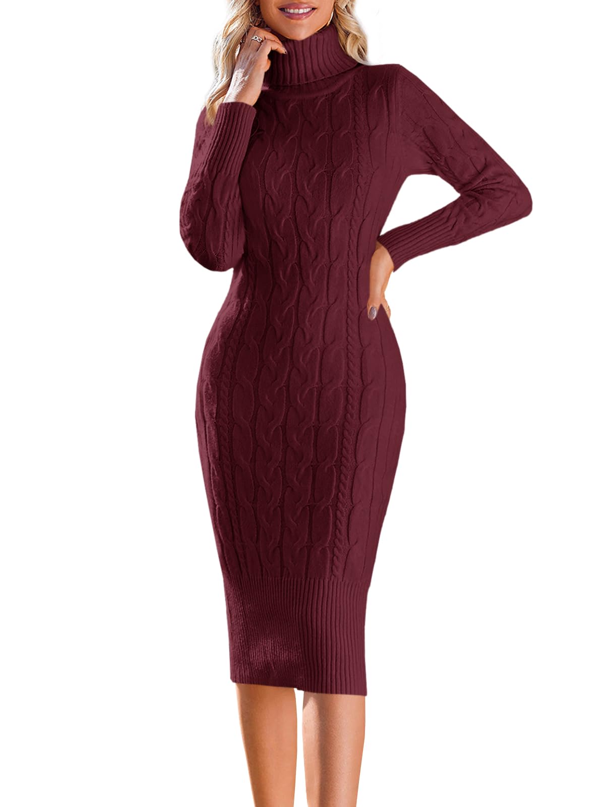 Fangetey Women's Long Sleeve Turtleneck Sweater Dress - Knitted Bodycon Midi Sheath Jumper Dress for Fall Winter Fashion, Office Wear & Casual Outfits
