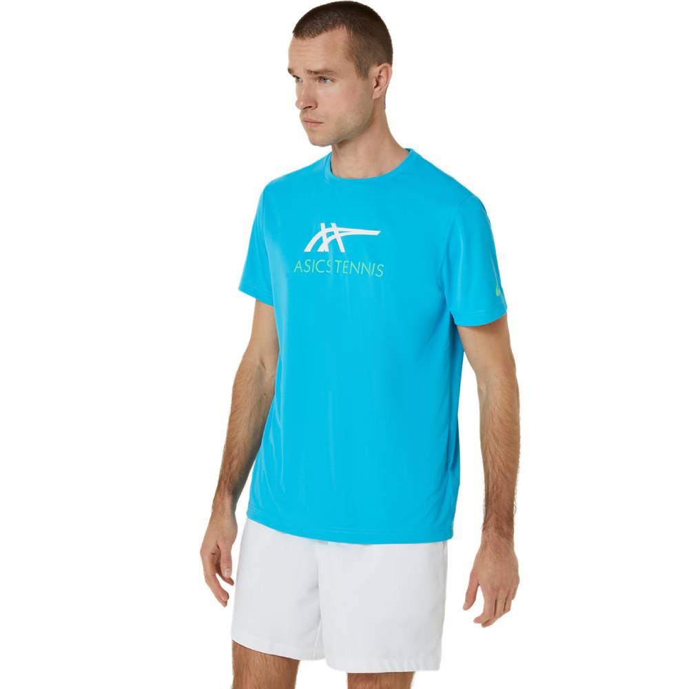 ASICS Men's Graphic Tennis T-Shirt - Moisture-Wicking Performance Tee for Pickleball & Court Sports (Digital Aqua/White) | Breathable Athletic Top for Training & Casual Wear