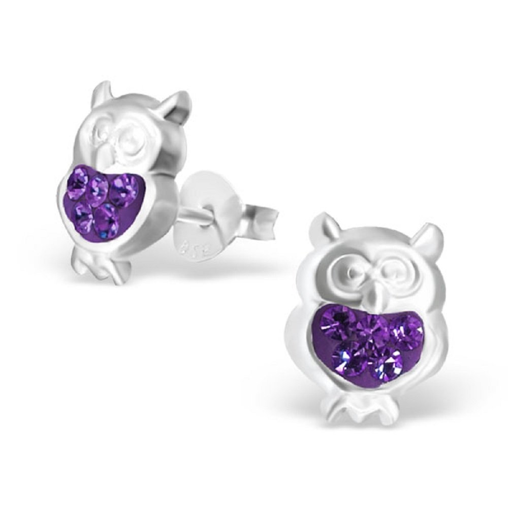 925 Silver Owl Stud Earrings with Purple Crystals for Women