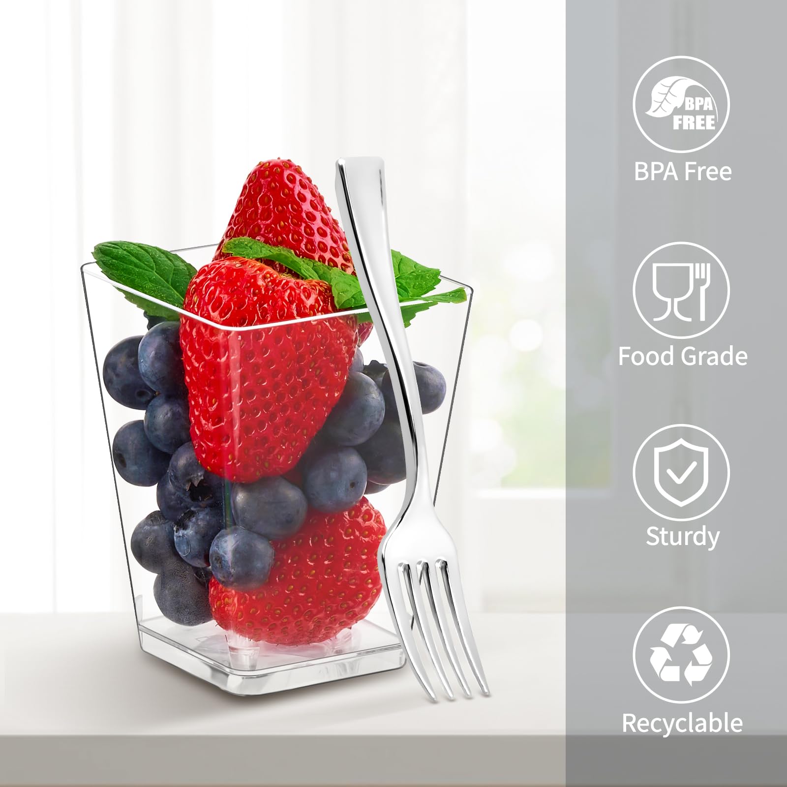 100 Pack Silver Mini Plastic Forks - 4 Inch Disposable Appetizer Forks for Desserts, Strawberries, Charcuterie, Cake Pops, Cocktails & Fruits | Perfect for Parties, Weddings, Picnics & Catering Events