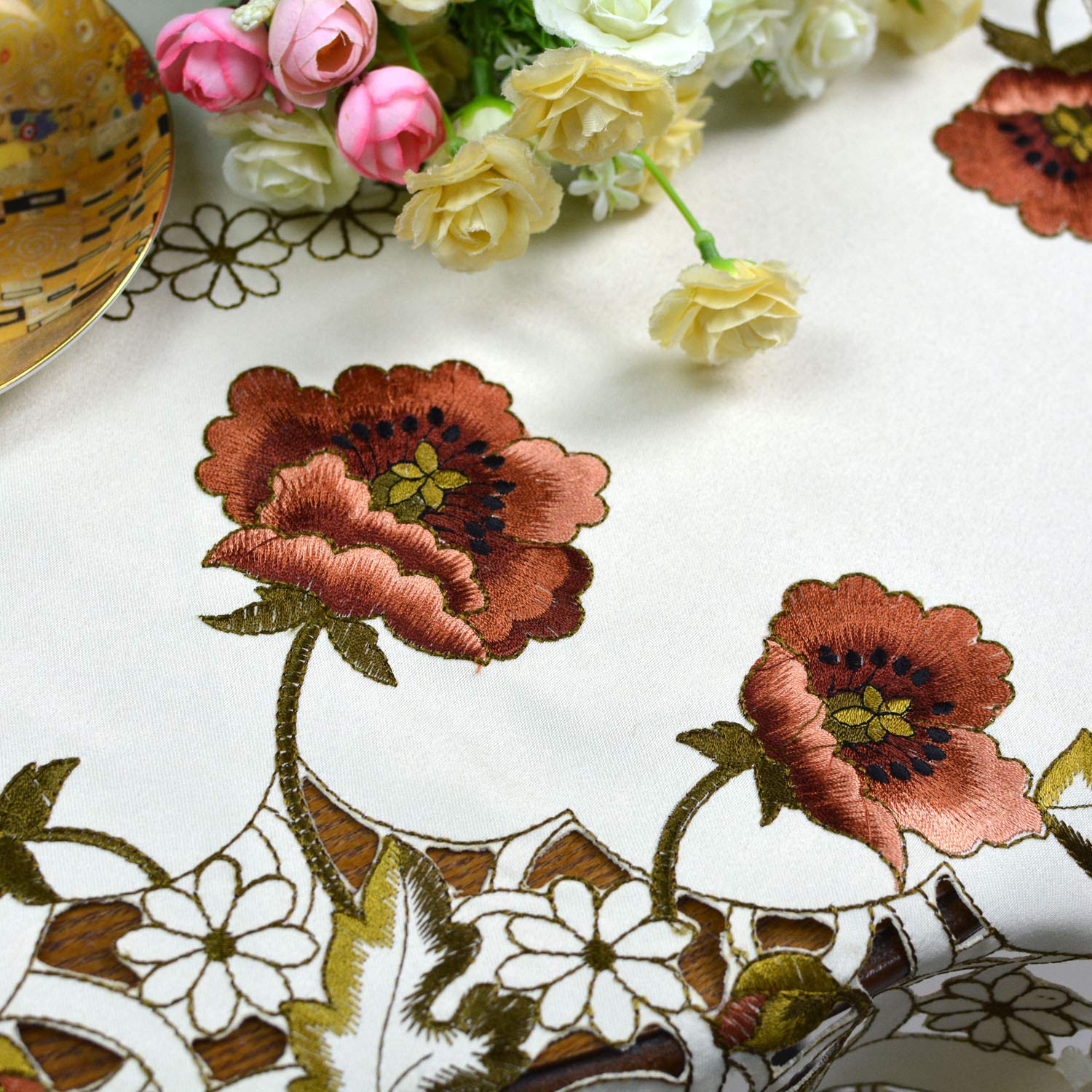 USTIDE Handmade Oval Embroidery Rose Table Doily 15.7x33.6 Inches - Beige Flower Table Cover, Durable & Washable Lace Tablecloth for Coffee Tables, Dining Tables, and Home Decor