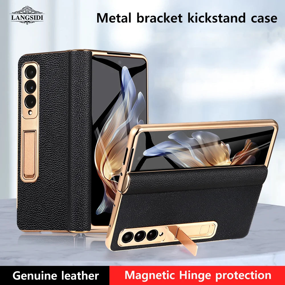 Premium Real Leather Phone Case for Samsung Galaxy Z Fold 6 with Hinge Kickstand - Slim Protective Cover for Work, Travel & Everyday Use