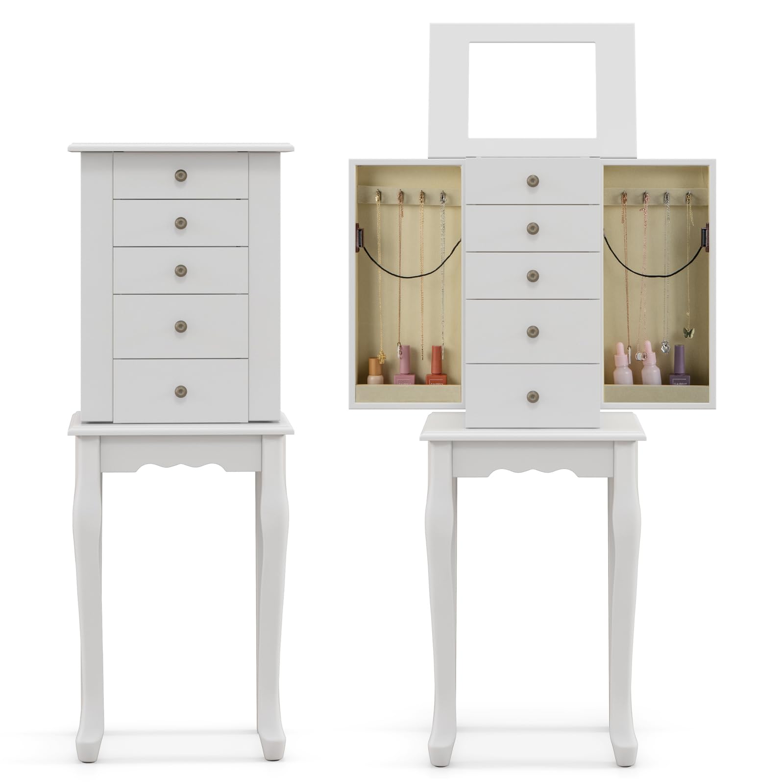 GOFLAME Standing Jewelry Cabinet Armoire with Flip Mirror, 4 Drawers & 8 Necklace Hooks - White Jewelry Storage Organizer for Bedroom, Vanity & Closet - Perfect for Necklaces, Rings, Earrings & Bracelets Organization